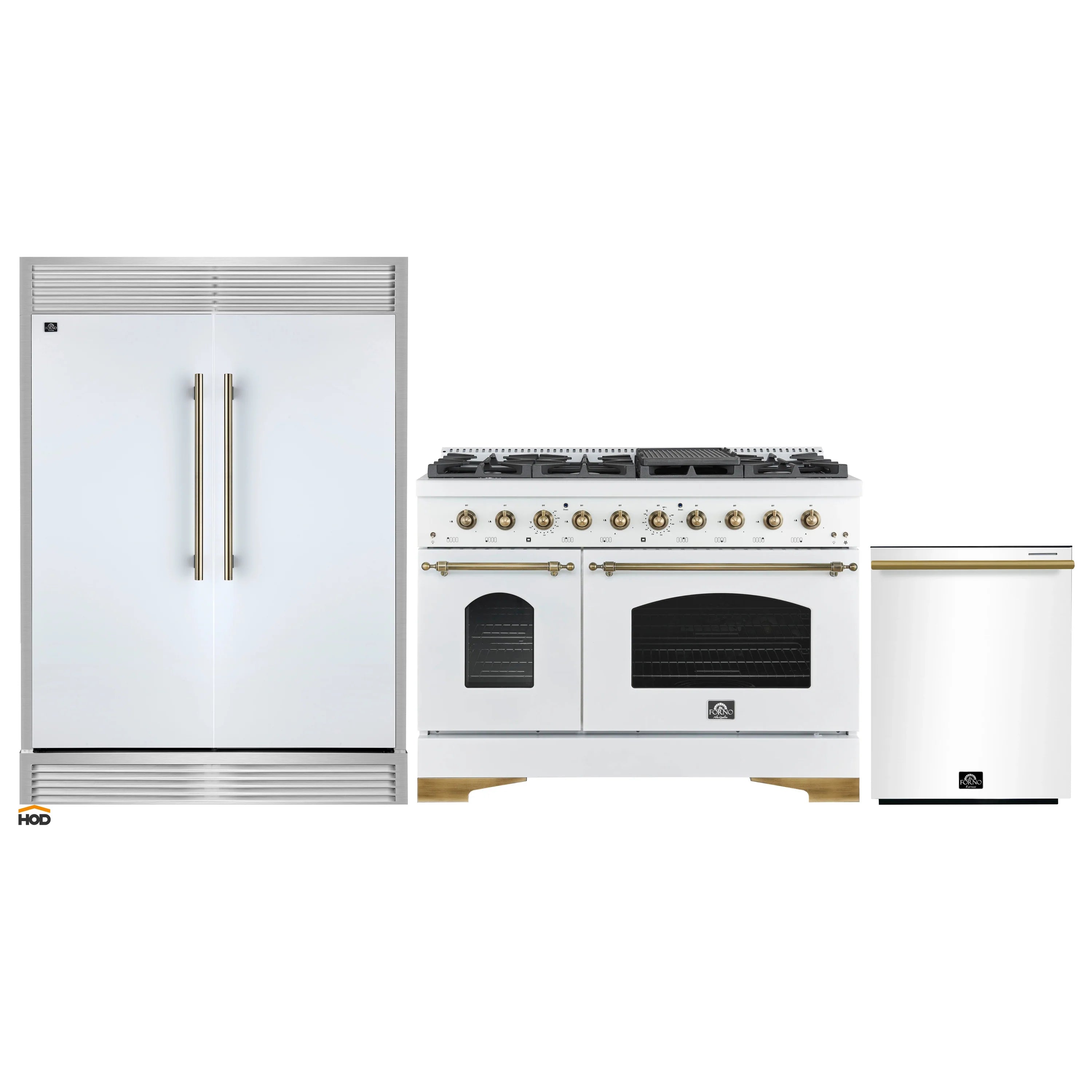 White kitchen appliance set with gas range, black oven windows, and antique brass handles