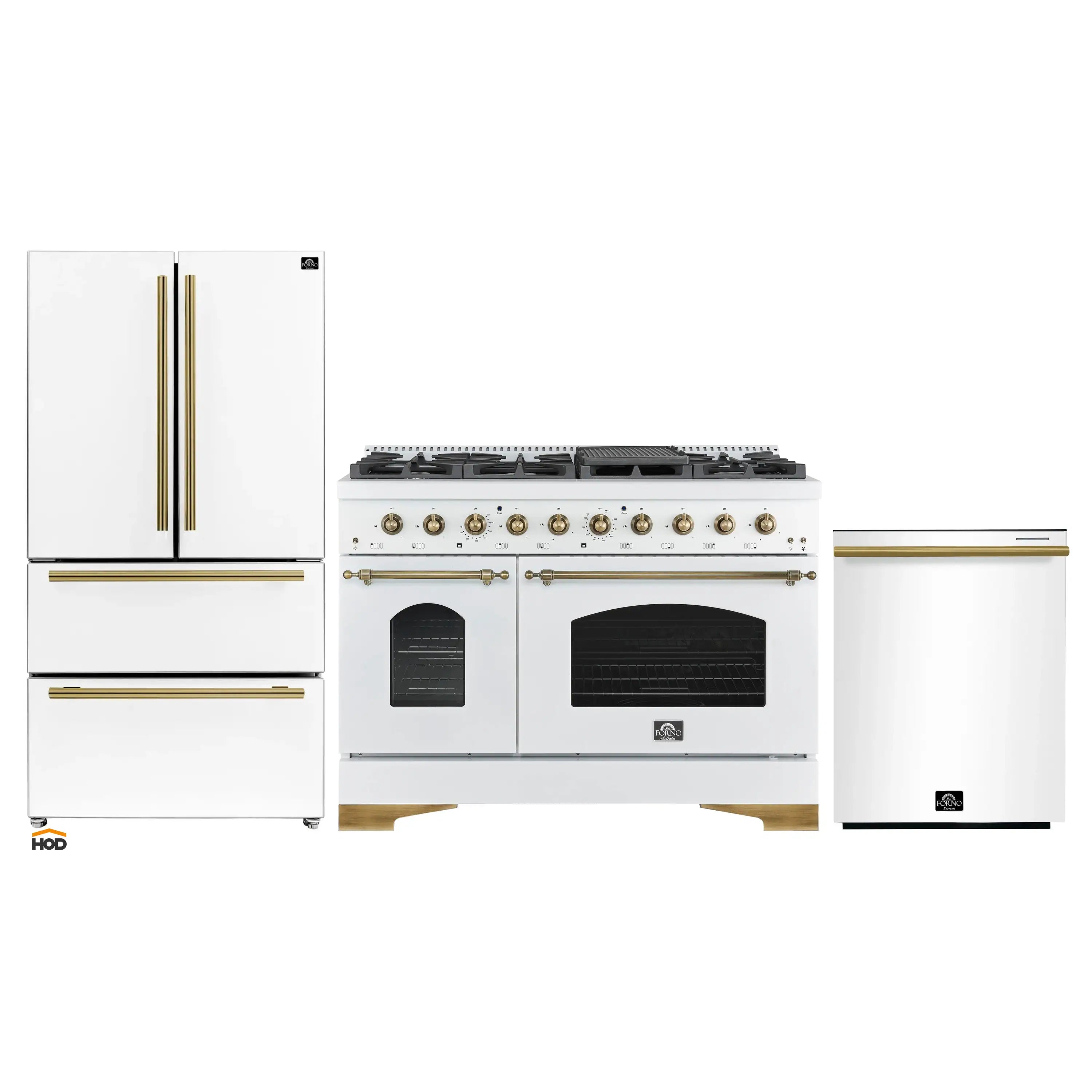 3-piece white appliance set with antique brass trim, showing range and refrigerator