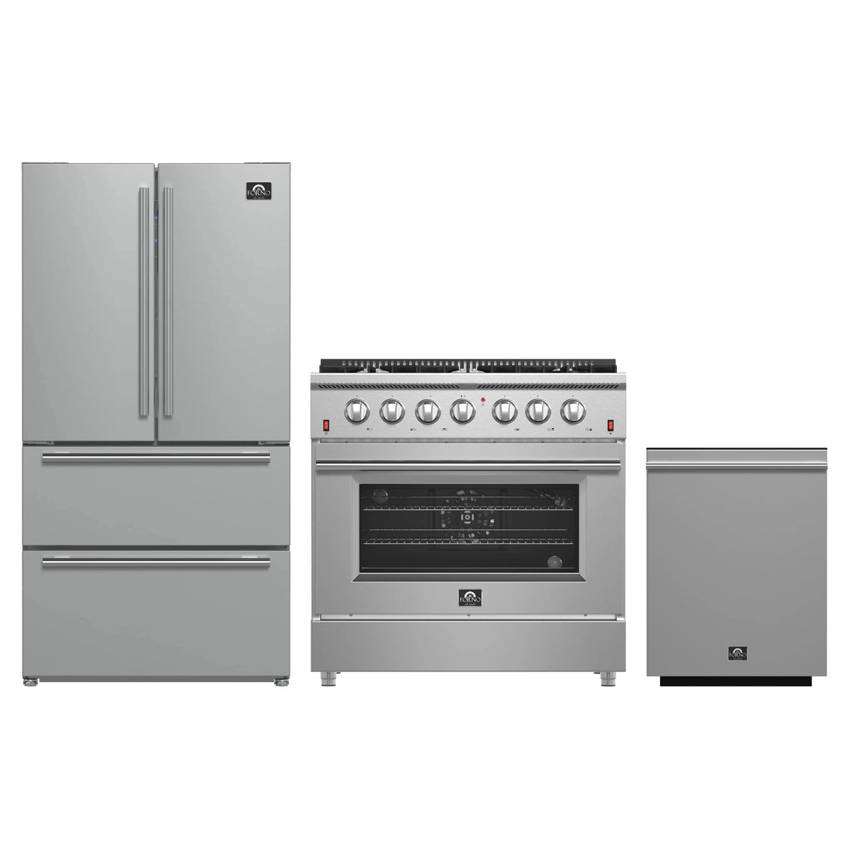 Forno 3-Piece Appliance Package - 36-Inch Gas Range, French Door Refrigerator, and Dishwasher in Stainless Steel