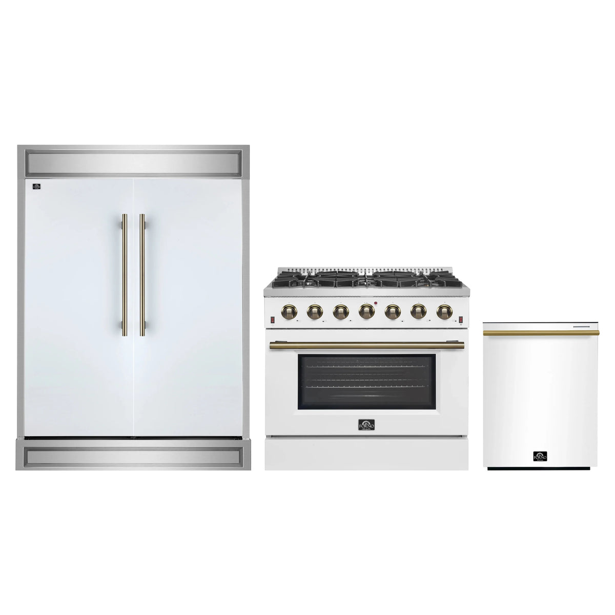 Forno 3-Piece Appliance Package - 36-Inch Gas Range, 60-Inch Refrigerator, Dishwasher in White with Antique Brass Trim