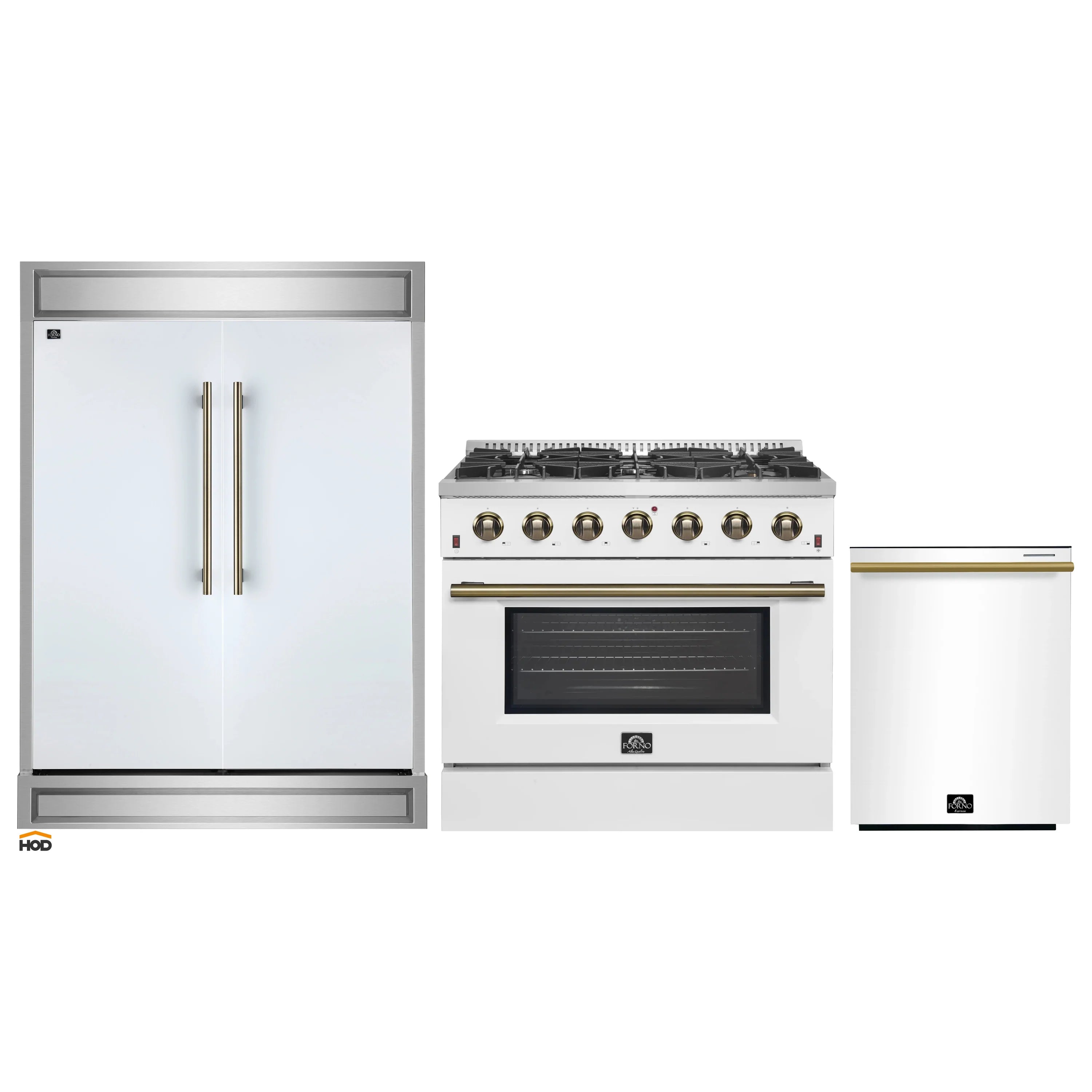 White 3-piece kitchen appliance set with brass handles: refrigerator, range, dishwasher