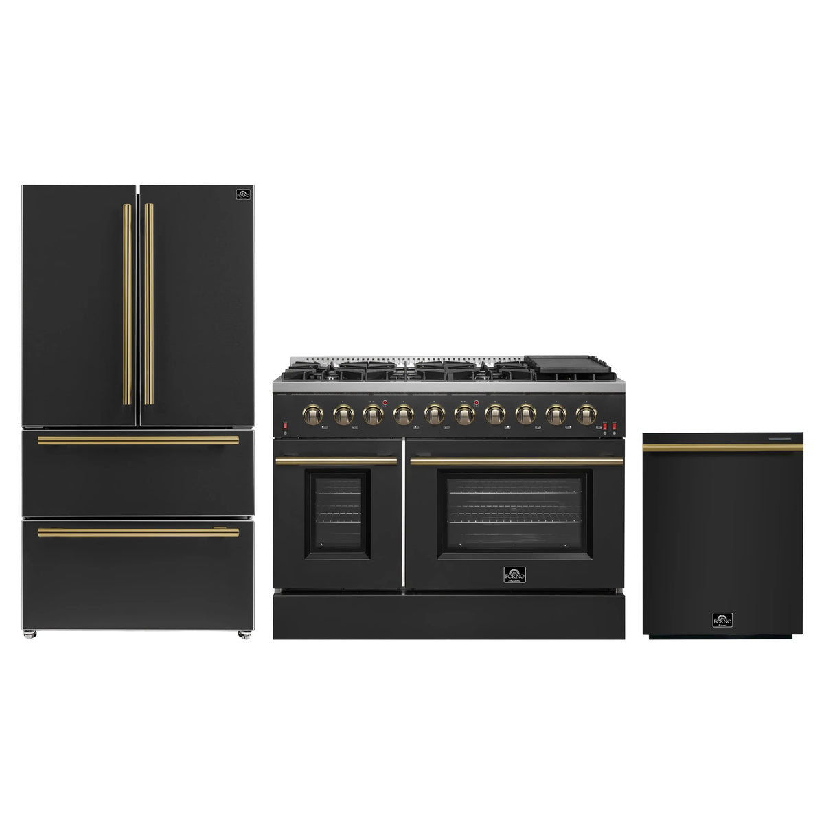 Forno Galiano 3-Piece Appliance Package - 48-Inch Gas Range, 36-Inch Refrigerator, & 24-Inch Dishwasher in Black with Antique Brass Trim