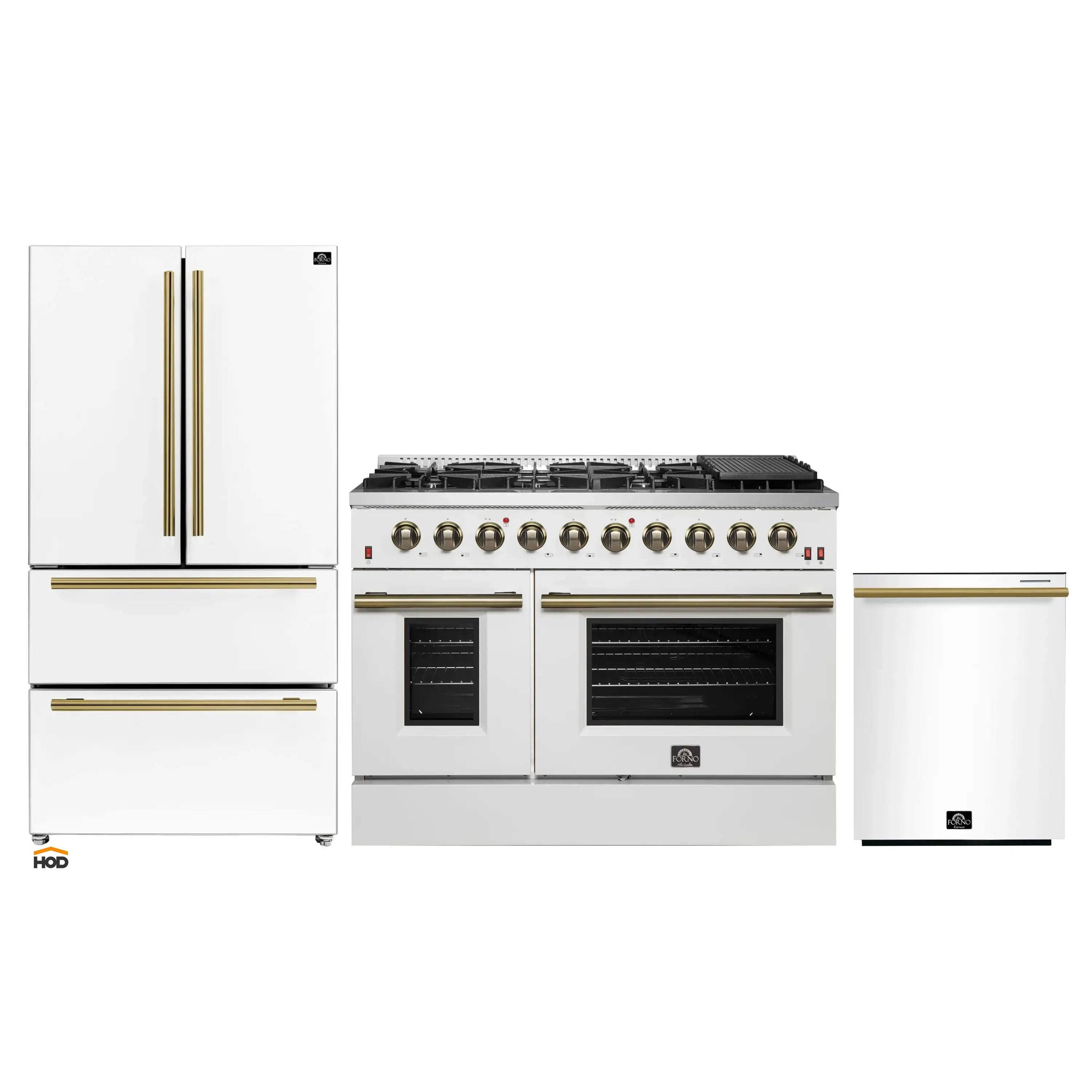 Kitchen appliance package with white range, refrigerator, and dishwasher in brass trim