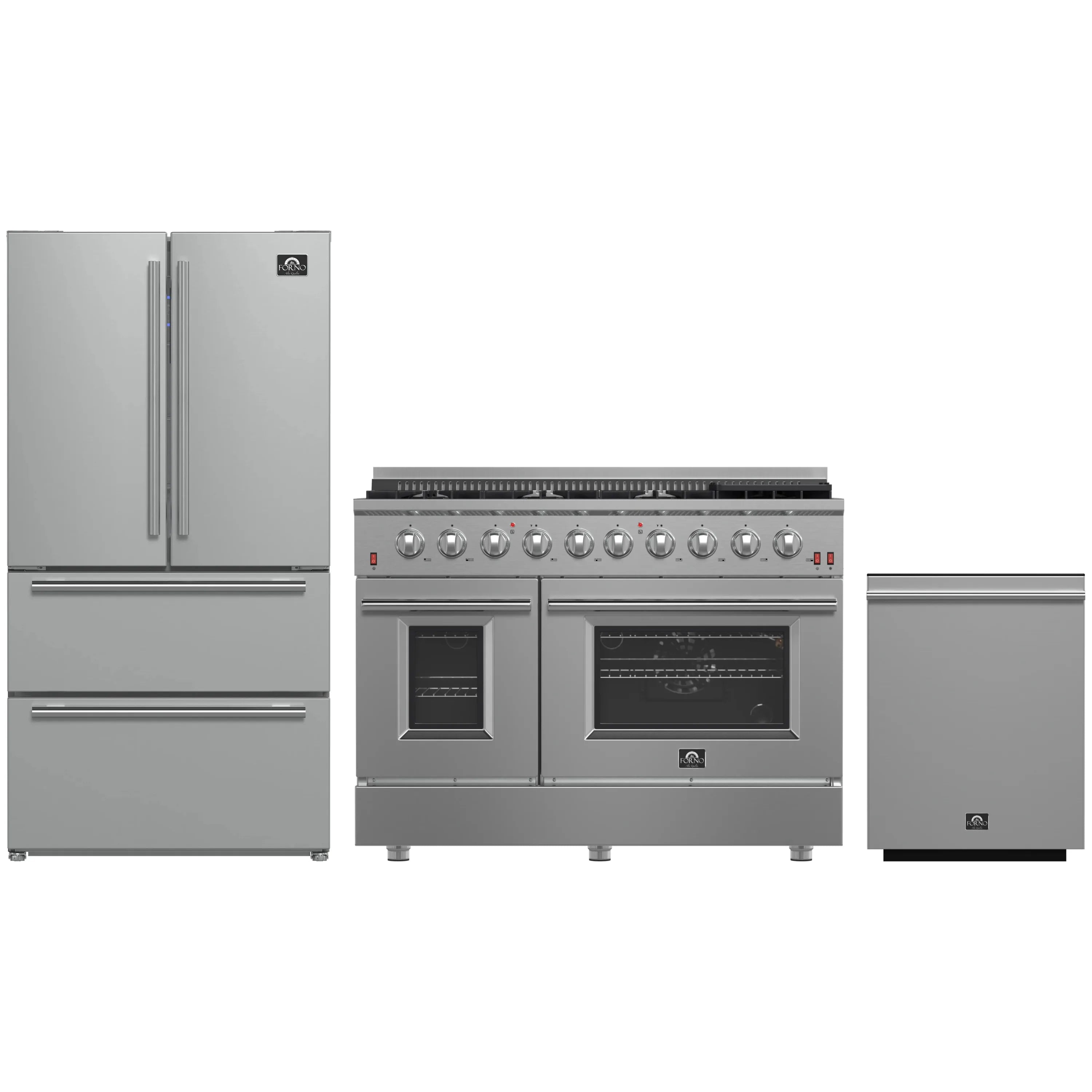 Stainless steel appliance set: gas range, French-door refrigerator, and dishwasher panels