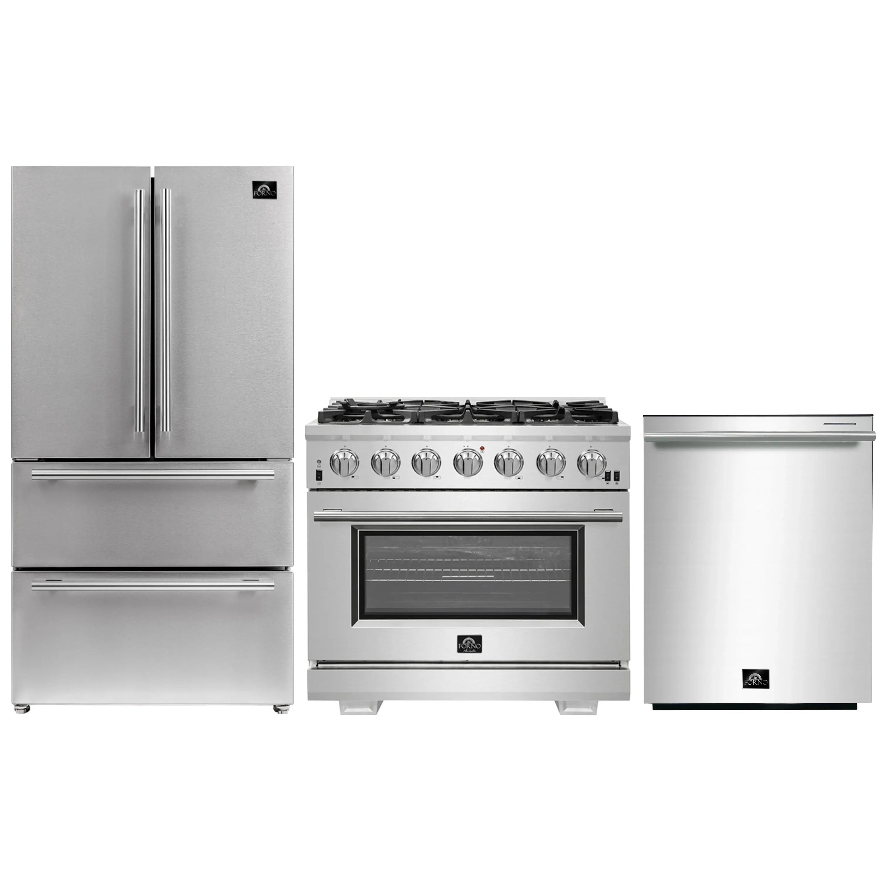 Stainless steel 3-piece kitchen appliance package: refrigerator, gas range, dishwasher