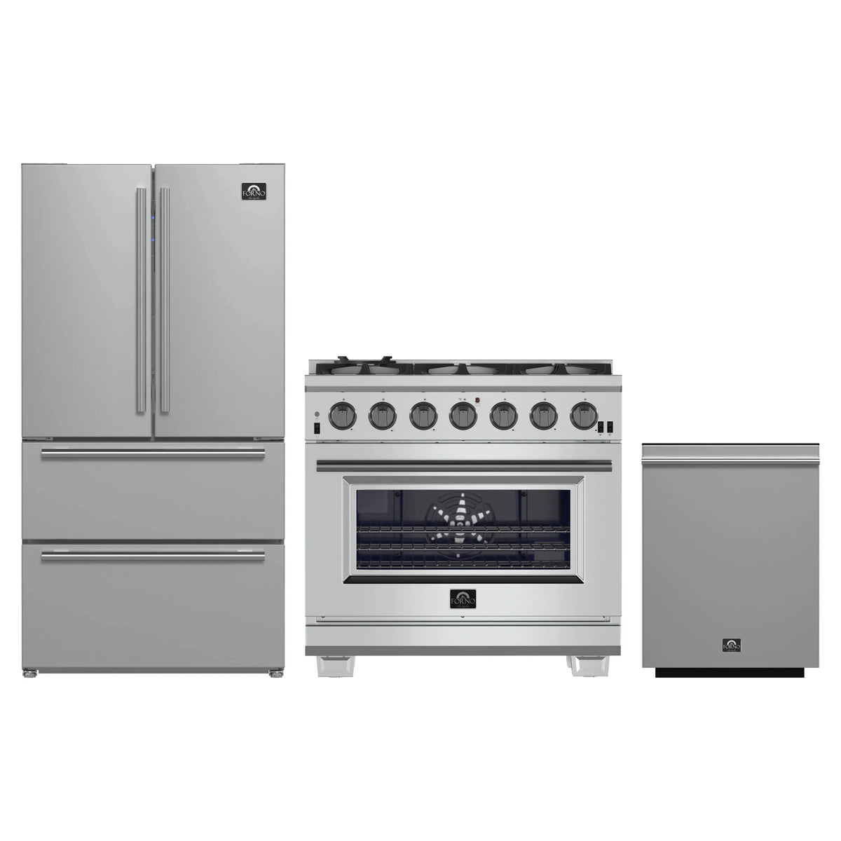 Forno 3-Piece Pro Appliance Package - 36-Inch Gas Range, French Door Refrigerator, and Dishwasher in Stainless Steel