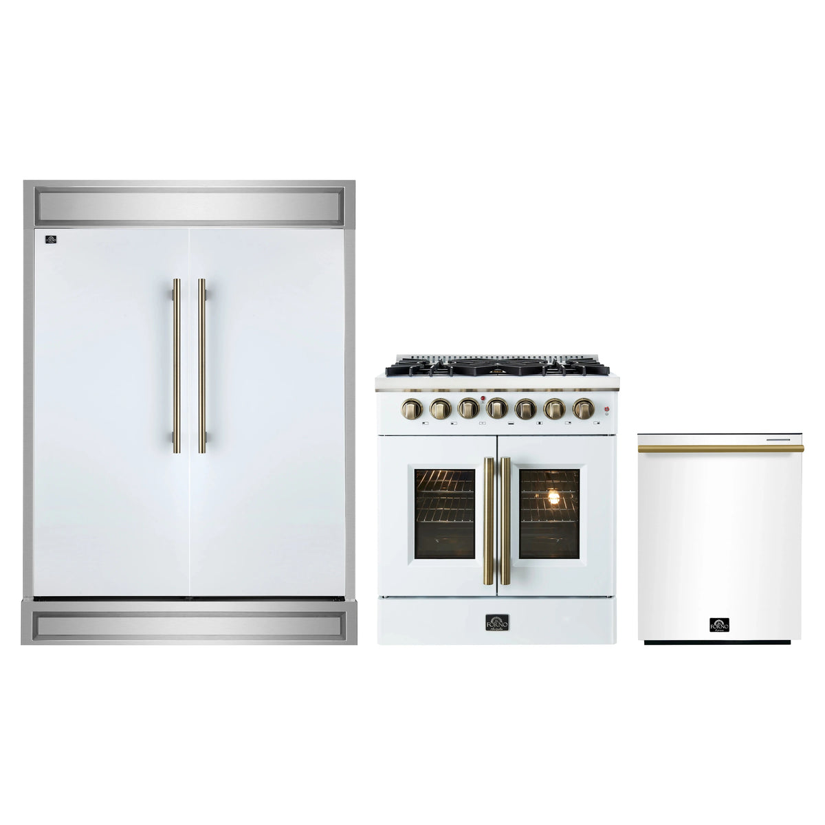 Forno 3-Piece Appliance Package - 30-Inch Galiano French Door Dual Fuel Range, 60-Inch Refrigerator, and Dishwasher in White with Antique Brass Trim