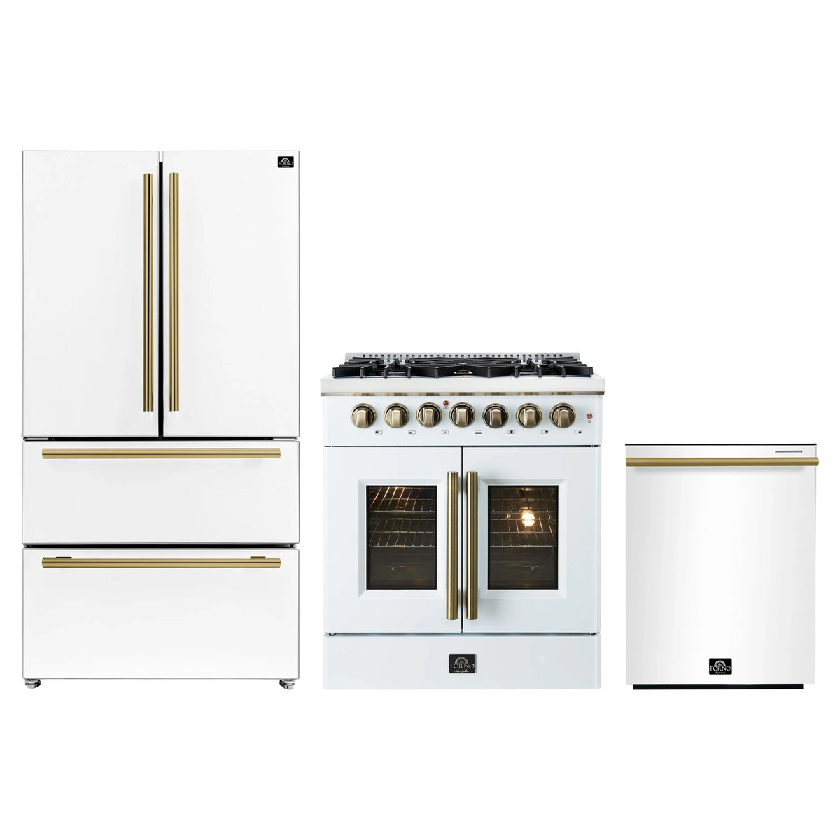 Forno 3-Piece Appliance Package - 30-Inch Galiano French Door Dual Fuel Range, 36-Inch Refrigerator, and Dishwasher in White with Antique Brass Trim