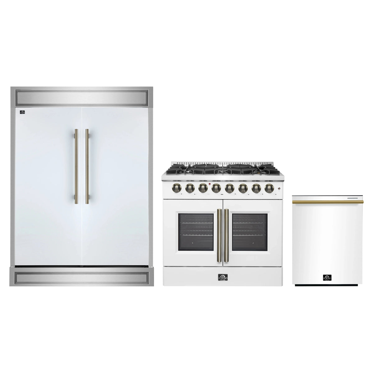 Forno 3-Piece Appliance Package - 36-Inch Galiano French Door Dual Fuel Range, 60-Inch Refrigerator, and Dishwasher in White with Antique Brass Trim