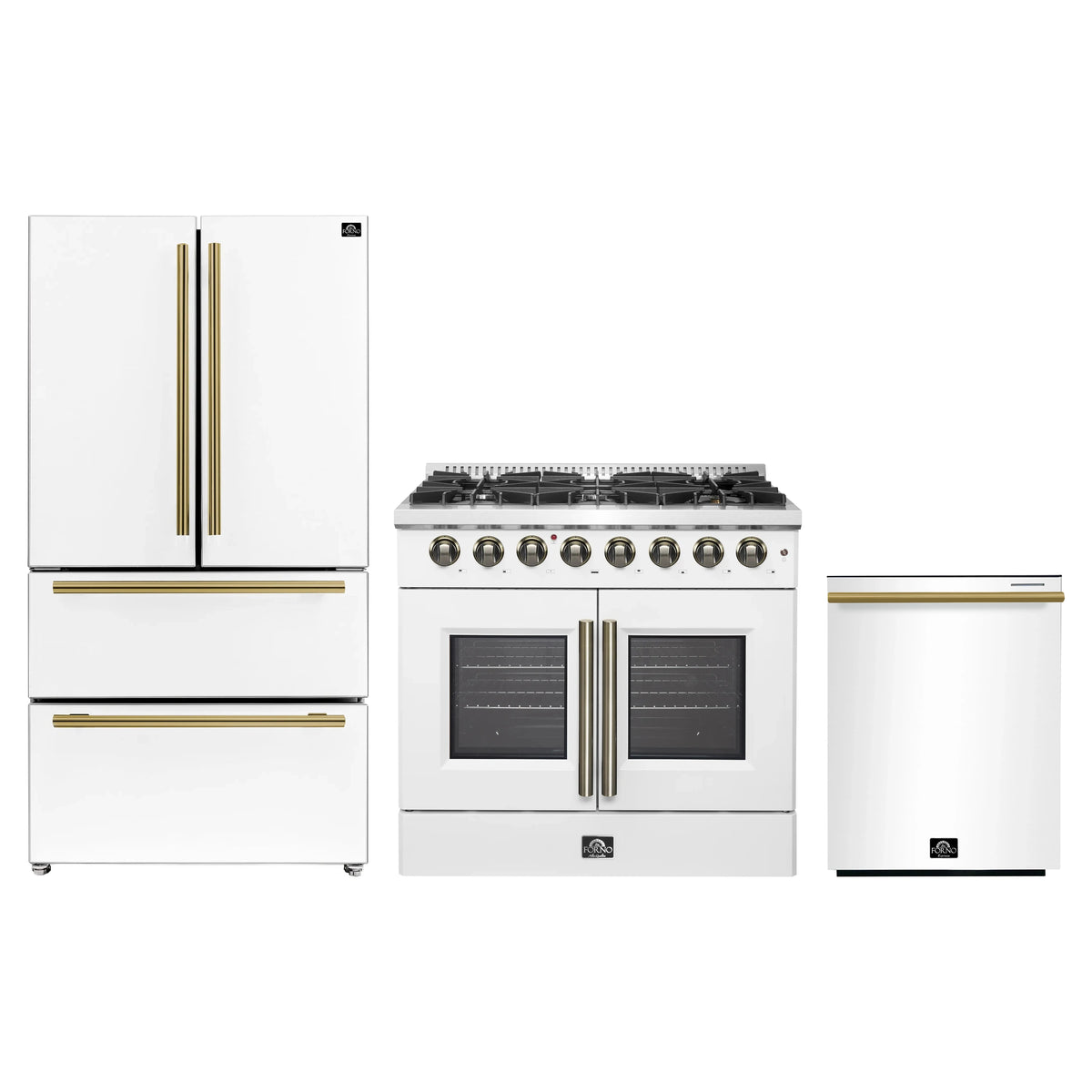 Forno 3-Piece Appliance Package - 36-Inch Galiano French Door Dual Fuel Range, 36-Inch Refrigerator, and Dishwasher in White with Antique Brass Trim