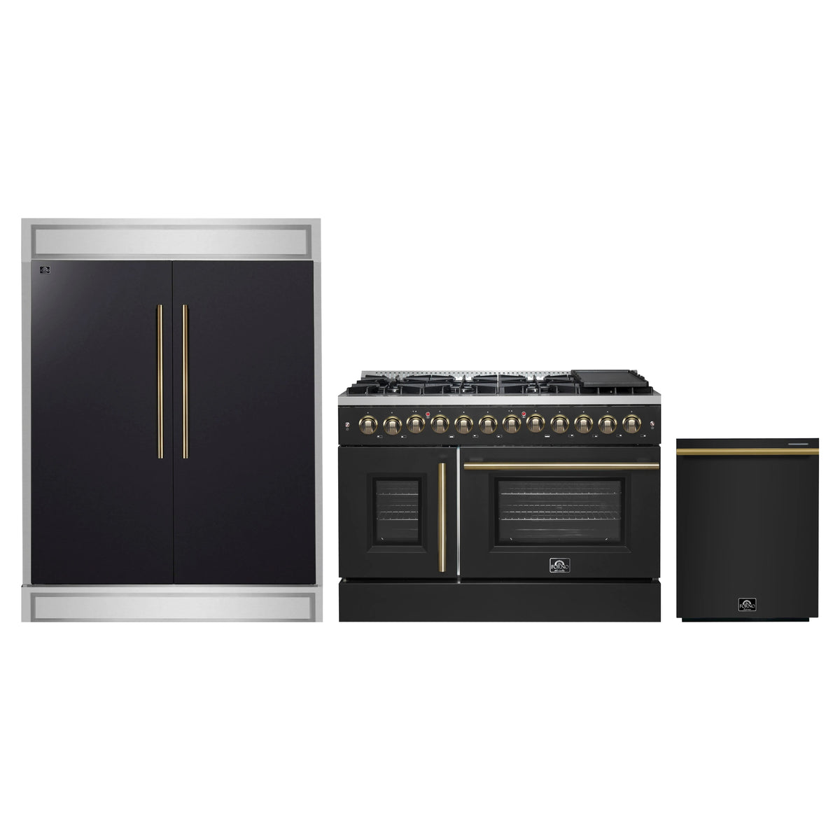 Forno 3-Piece Appliance Package - 48-Inch Galiano French Door Dual Fuel Range, 60-Inch Refrigerator, and Dishwasher in Black with Antique Brass Trim