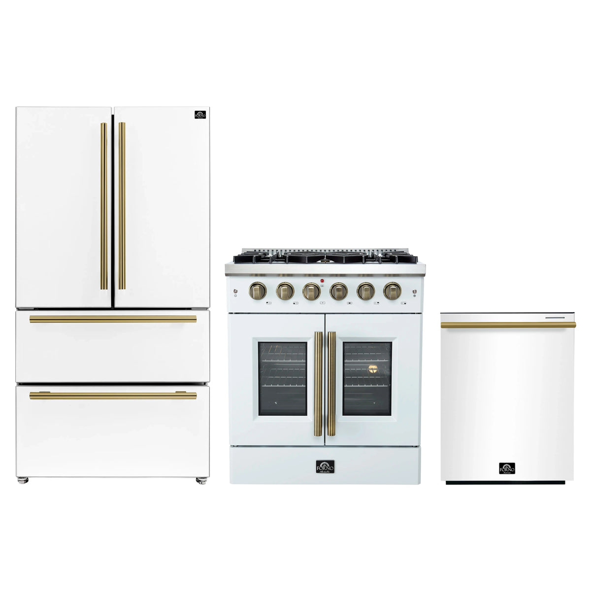 Forno 3-Piece Appliance Package - 30-Inch Galiano French Door Gas Range, 36-Inch Refrigerator, and Dishwasher in White with Antique Brass Trim
