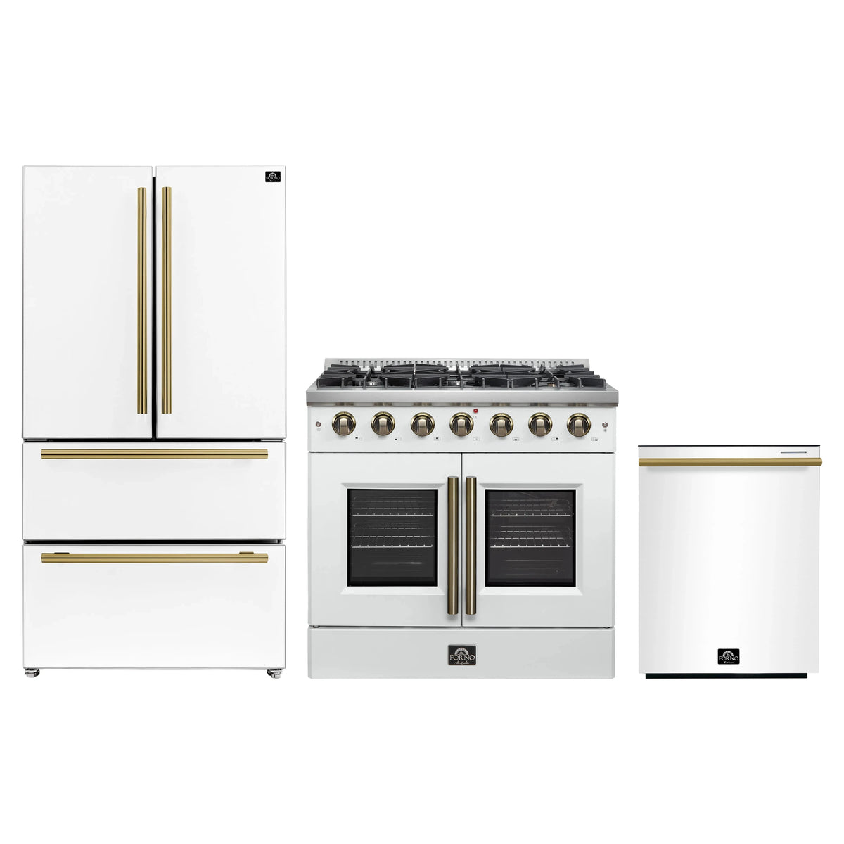 Forno 3-Piece Appliance Package - 36-Inch Galiano French Door Gas Range, 36-Inch Refrigerator, and Dishwasher in White with Antique Brass Trim