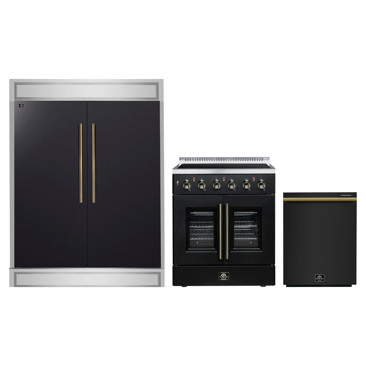 Forno 3-Piece Appliance Package - 30-Inch Galiano French Door Electric Range, 60-Inch Refrigerator, and Dishwasher in Black with Antique Brass Trim