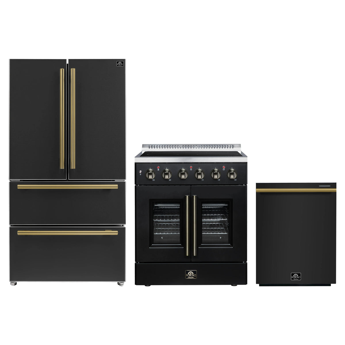 Forno 3-Piece Appliance Package - 30-Inch Galiano French Door Electric Range, 36-Inch Refrigerator, and Dishwasher in Black with Antique Brass Trim