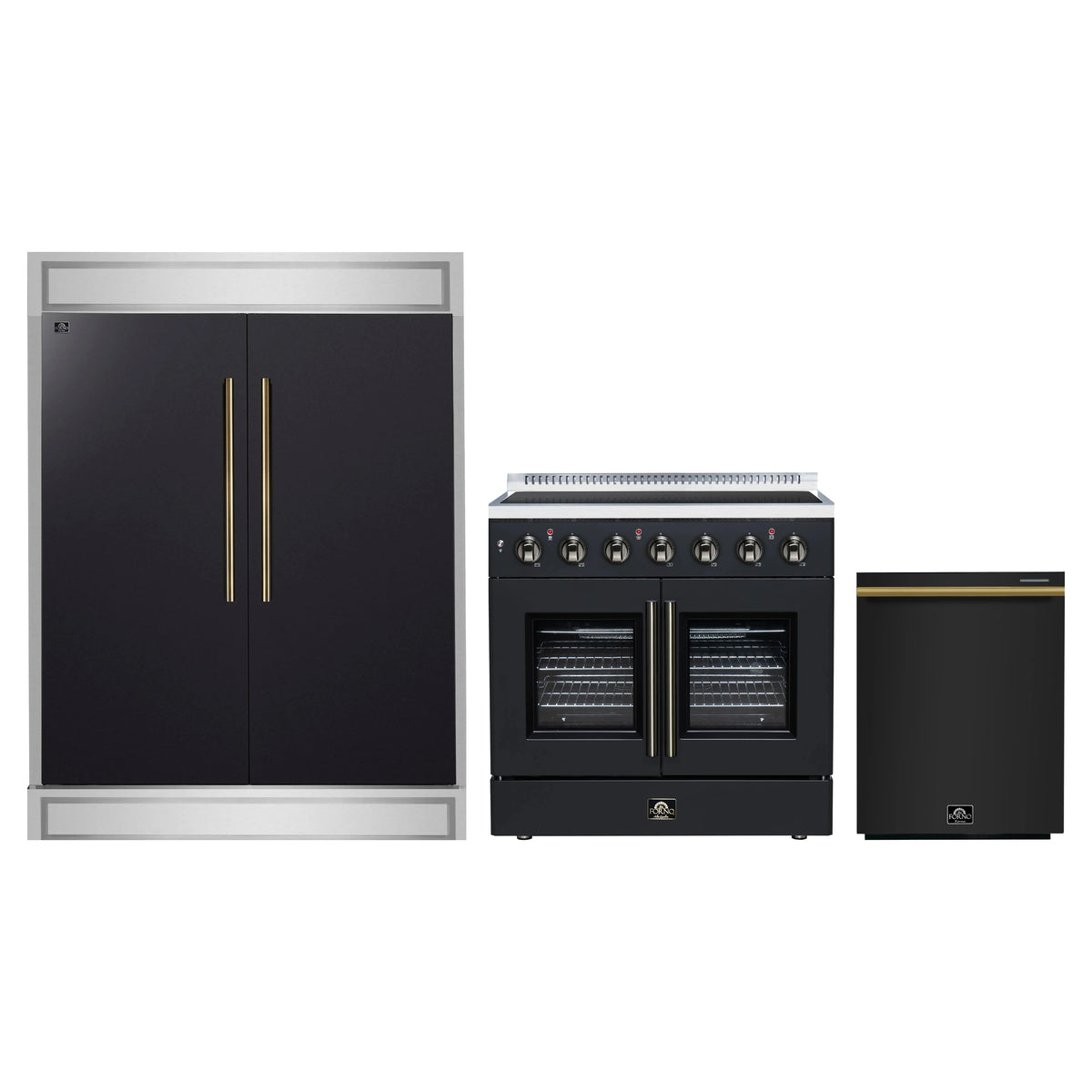 Forno 3-Piece Appliance Package - 36-Inch Galiano French Door Electric Range, 60-Inch Refrigerator, and Dishwasher in Black with Antique Brass Trim