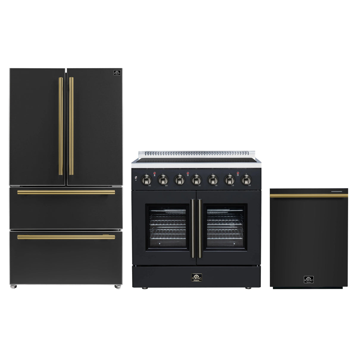 Forno 3-Piece Appliance Package - 36-Inch Galiano French Door Electric Range, 36-Inch Refrigerator, and Dishwasher in Black with Antique Brass Trim