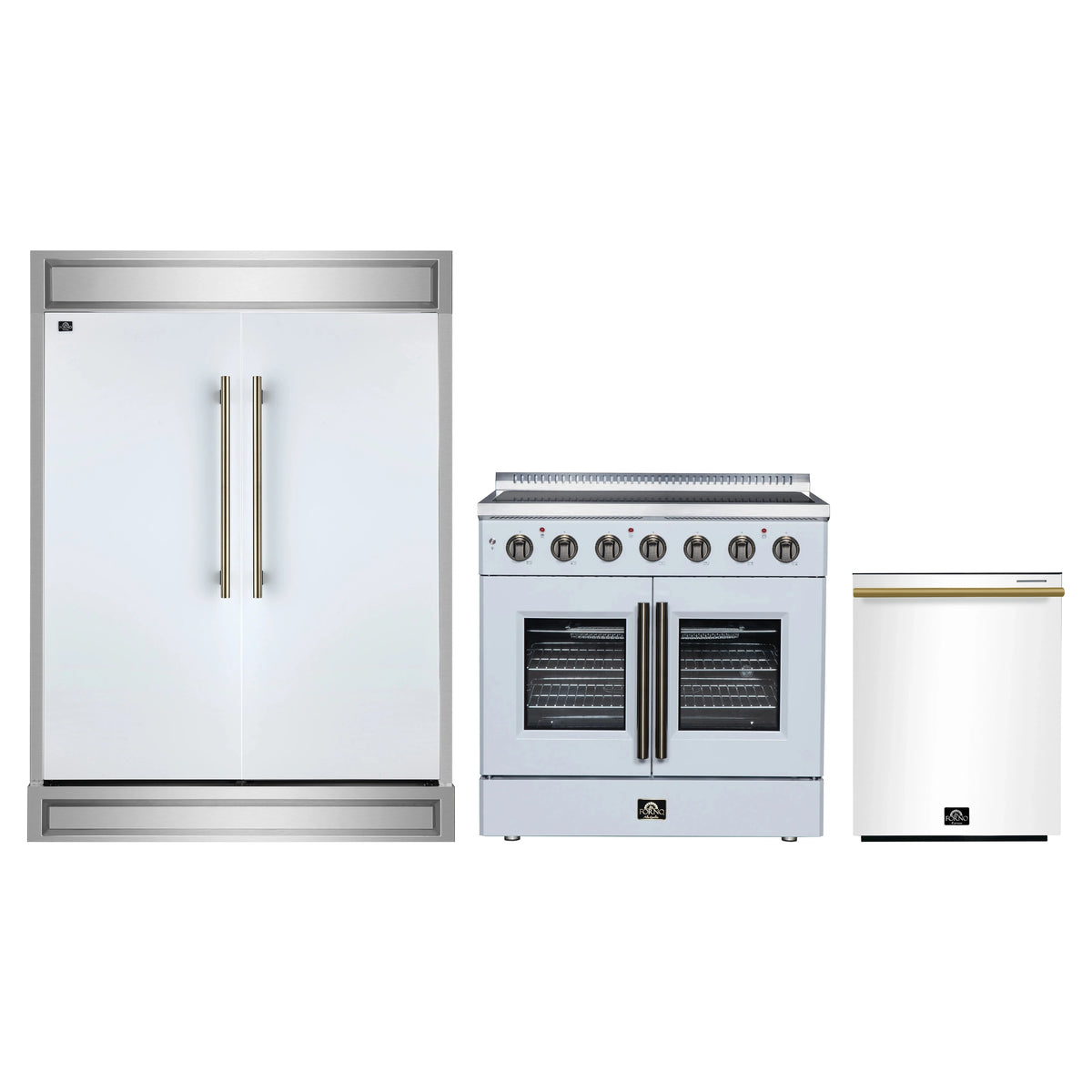 Forno 3-Piece Appliance Package - 36-Inch Galiano French Door Electric Range, 60-Inch Refrigerator, and Dishwasher in White with Antique Brass Trim