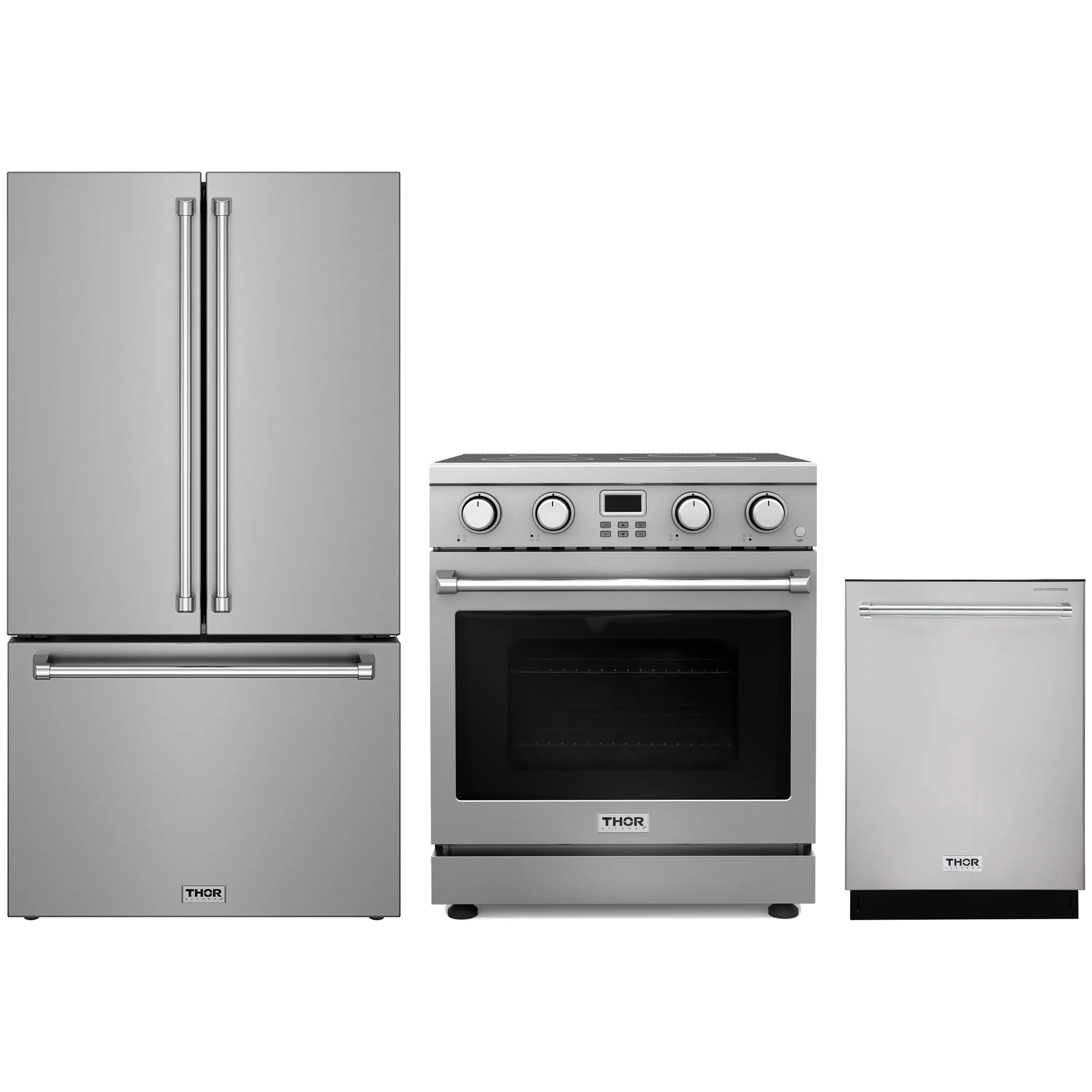 Stainless steel 3-piece appliance package with range, refrigerator, and dishwasher