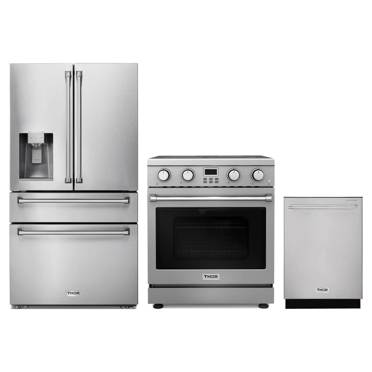 Thor Kitchen 3-Piece Appliance Package - 30-Inch Electric Range, Refrigerator with Water Dispenser, & Dishwasher in Stainless Steel