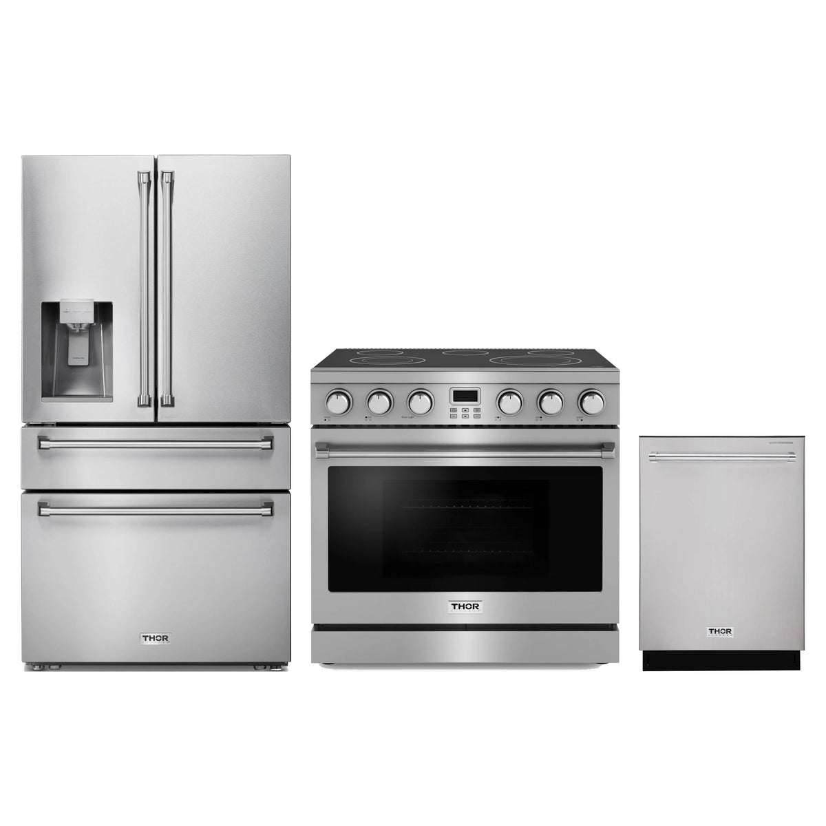 Thor Kitchen 3-Piece Appliance Package - 36-Inch Electric Range, Refrigerator with Water Dispenser, & Dishwasher in Stainless Steel