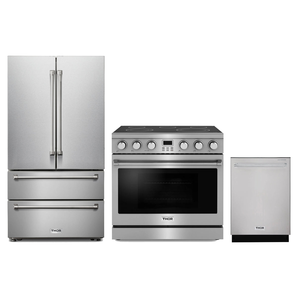 Thor Kitchen 3-Piece Appliance Package - 36-Inch Electric Range, French Door Refrigerator, & Dishwasher in Stainless Steel