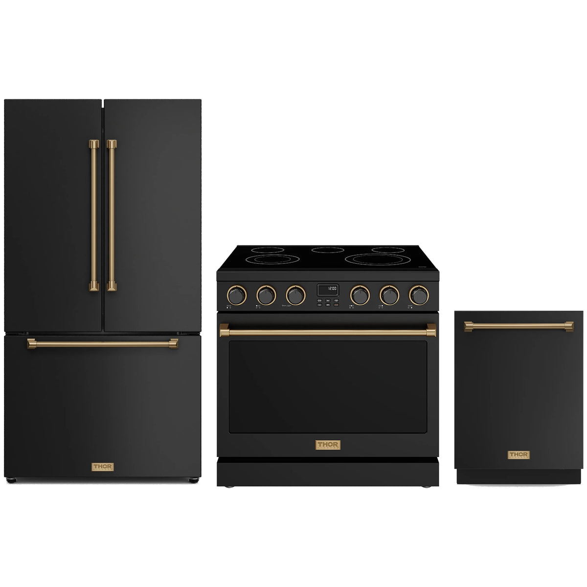 Black Thor Kitchen appliance package with 36-inch electric range, counter-depth refrigerator, dishwasher