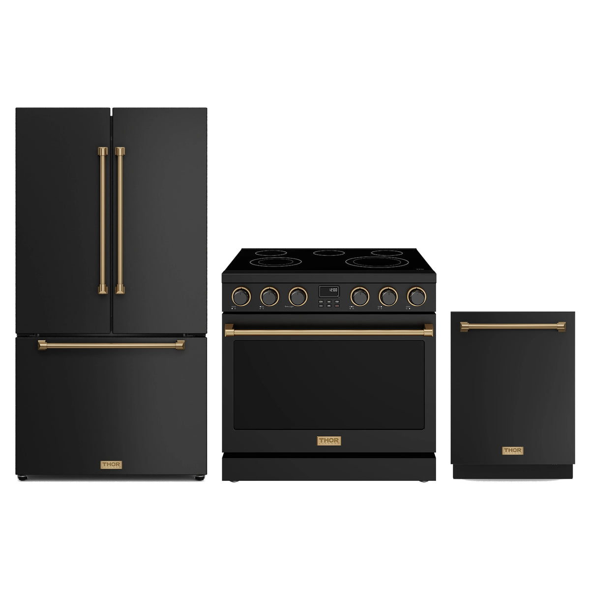 Thor Kitchen 3-Piece Appliance Package - 36-Inch Electric Range, Counter-Depth Refrigerator, & Dishwasher in Black with Bronze Trim
