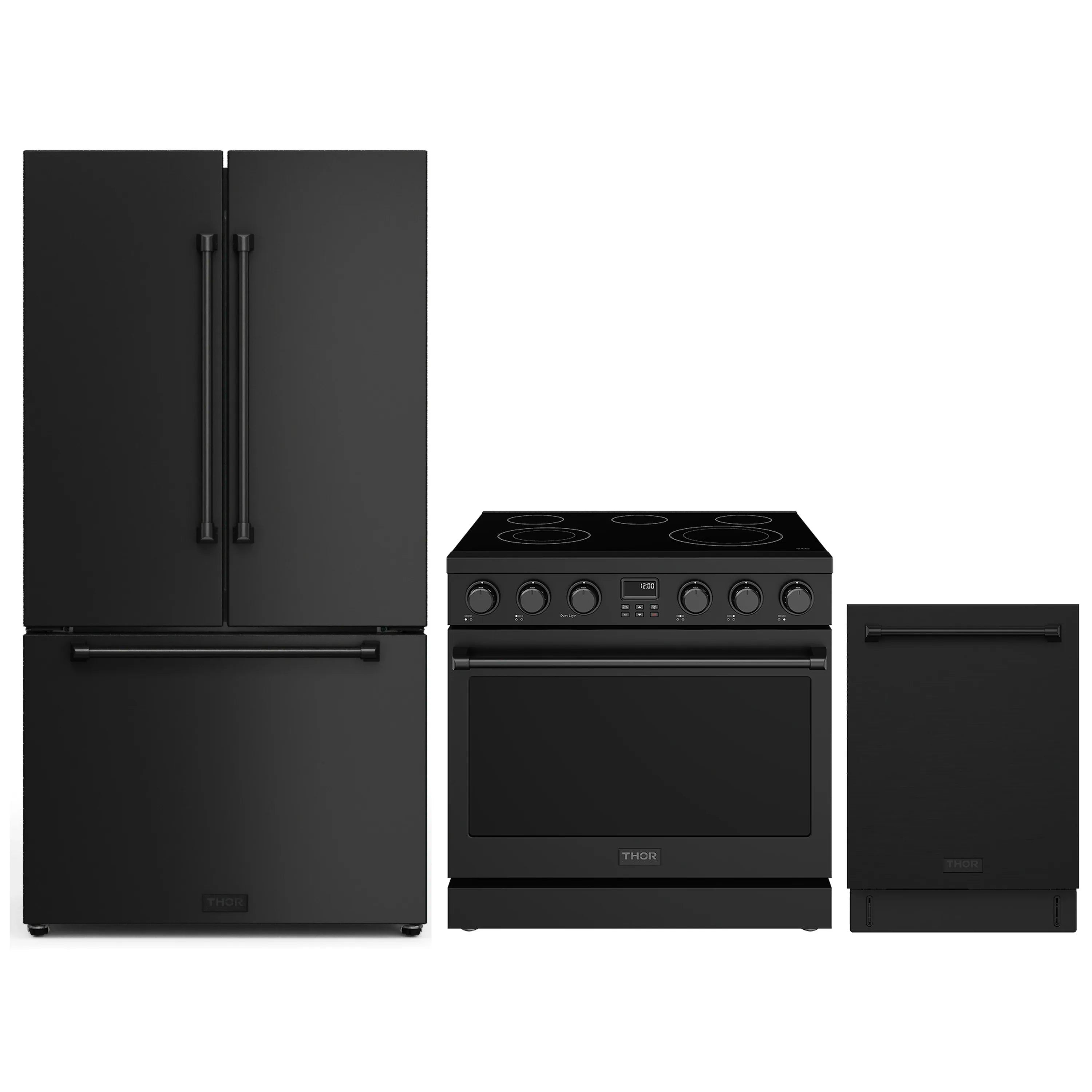 Refrigerator, electric range, and dishwasher in black, Thor Kitchen 3-piece set