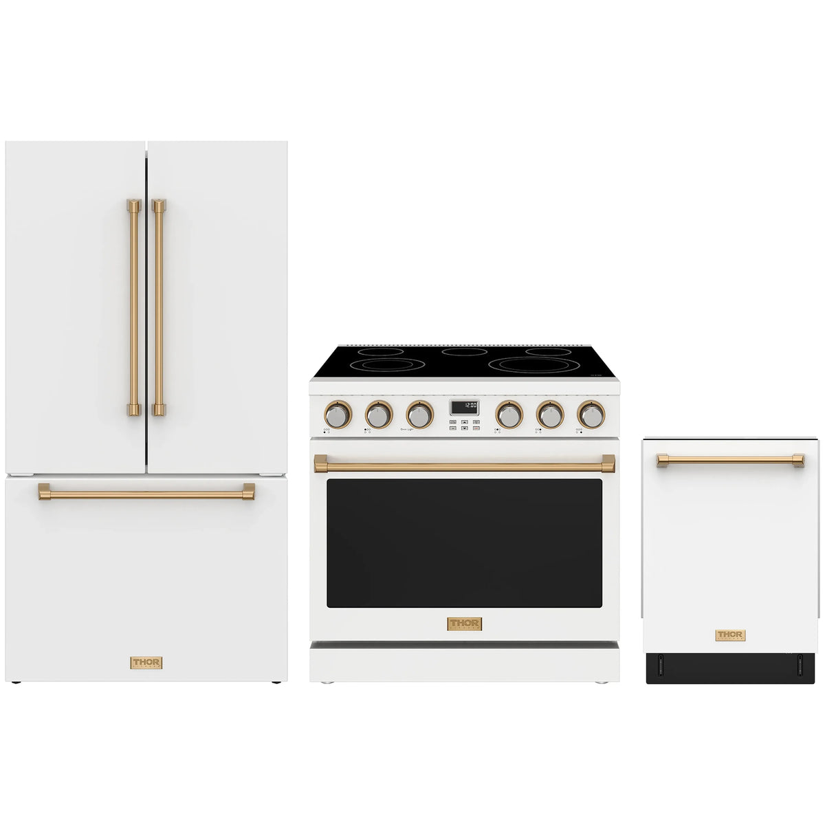 White Thor Kitchen appliance package with 36-inch electric range, counter-depth refrigerator, dishwasher