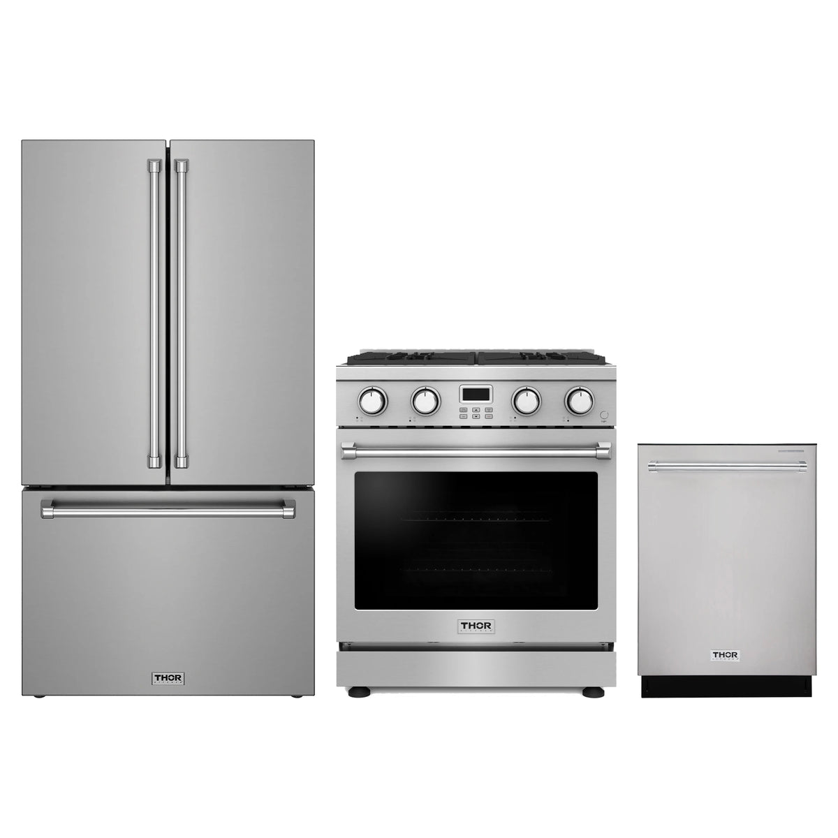 Thor Kitchen 3-Piece Appliance Package - 30-Inch Natural Gas Range, Counter-Depth Refrigerator, & Dishwasher in Stainless Steel