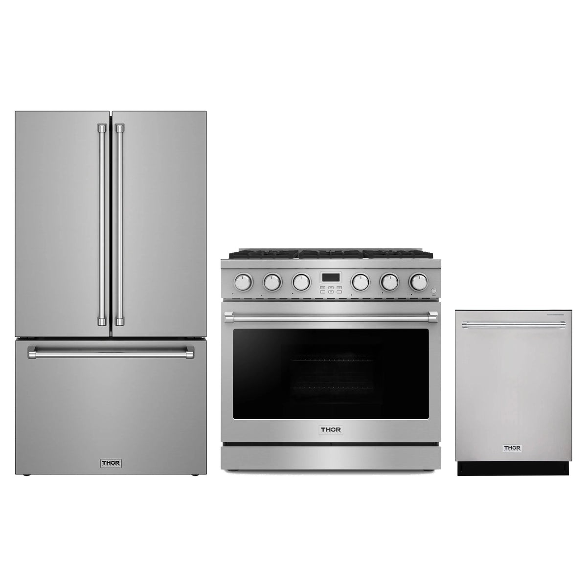 Thor Kitchen 3-Piece Appliance Package - 36-Inch Propane Gas Range, Counter-Depth Refrigerator, & Dishwasher in Stainless Steel