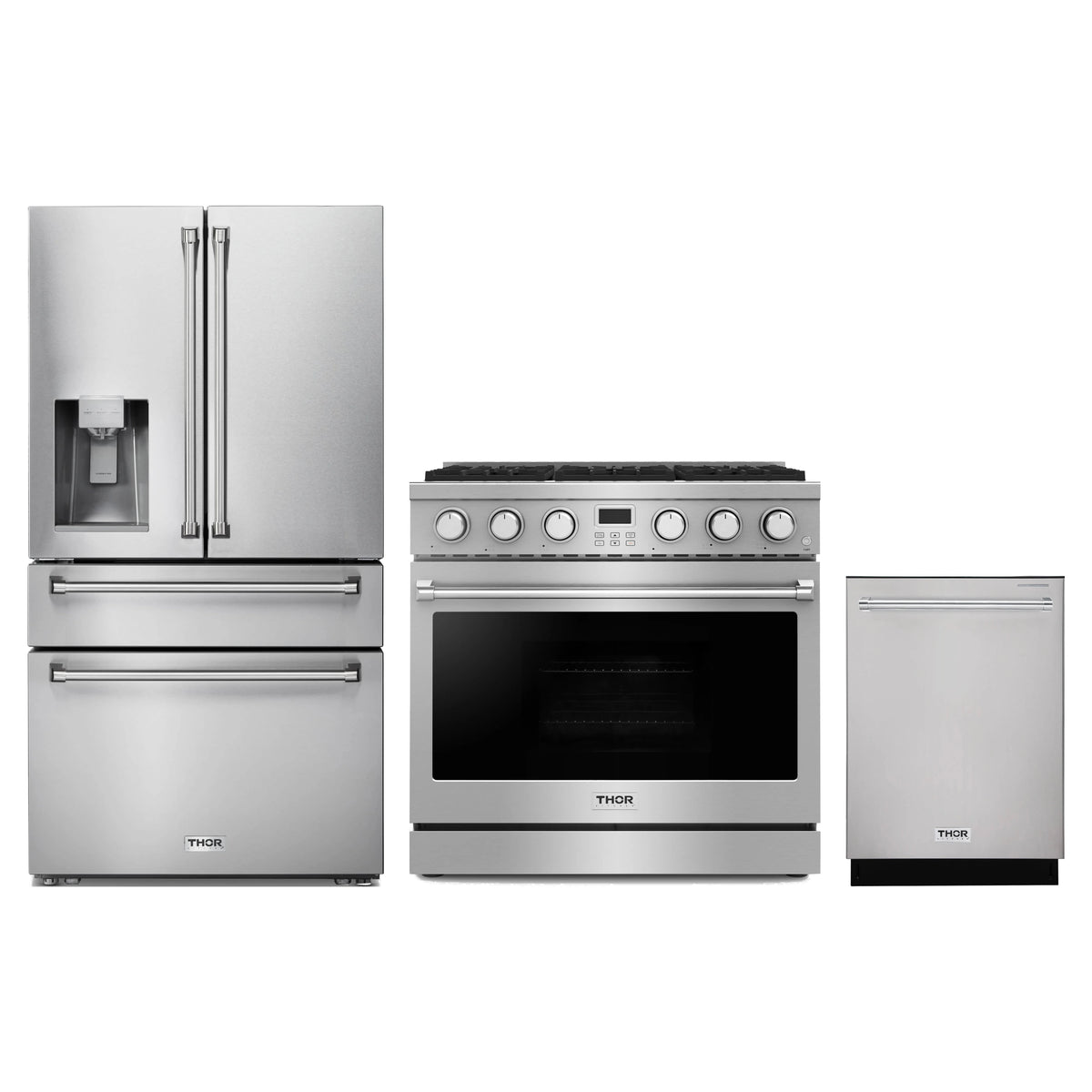 Thor Kitchen 3-Piece Appliance Package - 36-Inch Propane Gas Range, Refrigerator with Water Dispenser, & Dishwasher in Stainless Steel