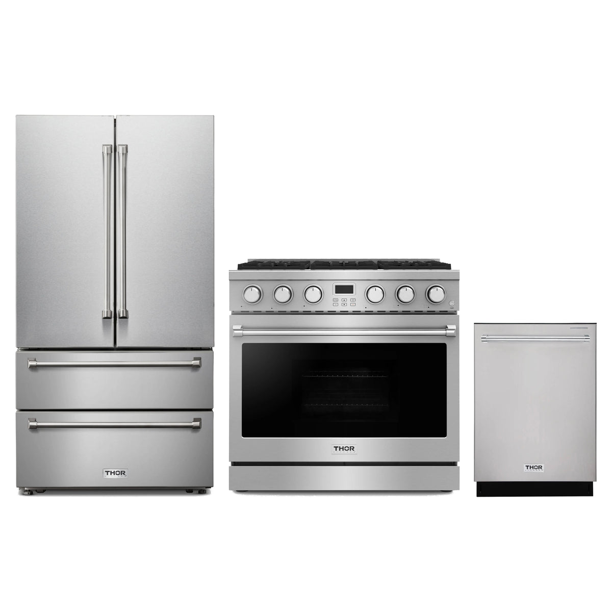 Thor Kitchen 3-Piece Appliance Package - 36-Inch Propane Gas Range, French Door Refrigerator, & Dishwasher in Stainless Steel