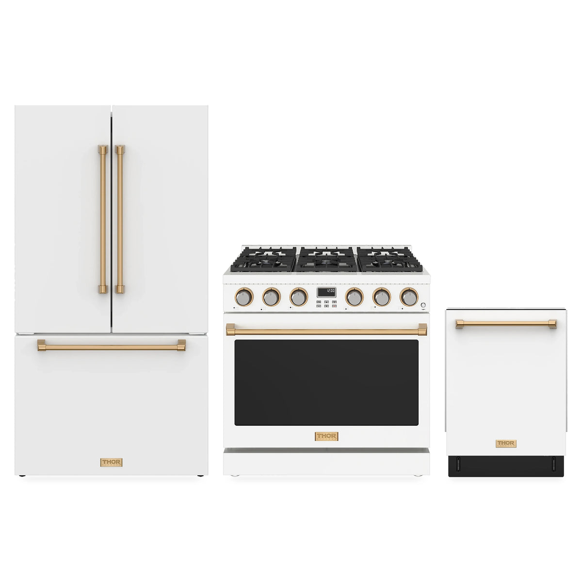 Thor Kitchen 3-Piece Appliance Package - 36-Inch Propane Gas Range, Counter-Depth Refrigerator, & Dishwasher in White with Bronze Trim