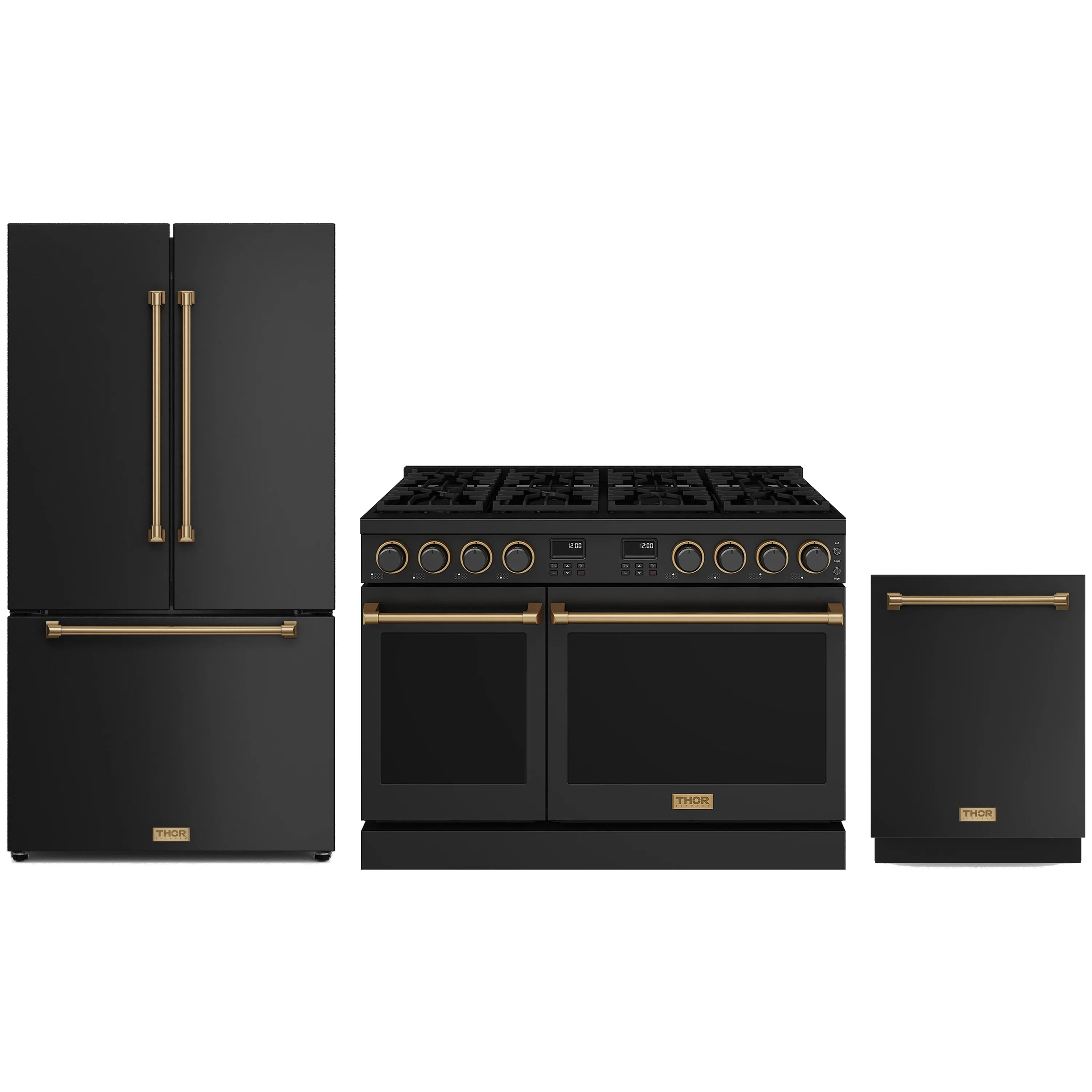 Black Thor 3-piece appliance package: gas range, counter-depth fridge, dishwasher