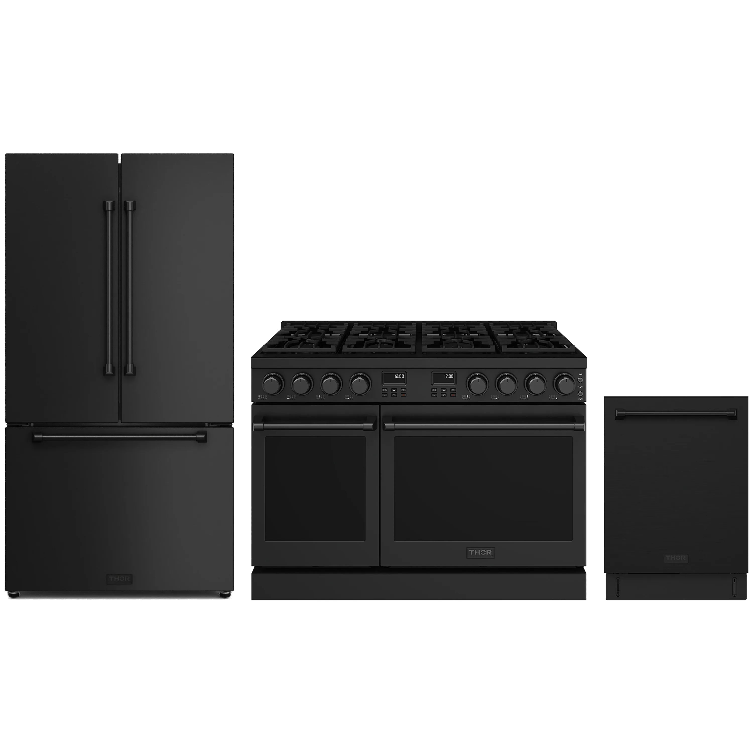 Black 3-piece kitchen appliance package with refrigerator, gas range, and dishwasher