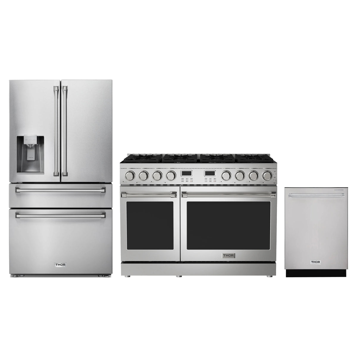 Thor Kitchen 3-Piece Appliance Package - 48-Inch Propane Gas Range, Refrigerator with Water Dispenser, & Dishwasher in Stainless Steel