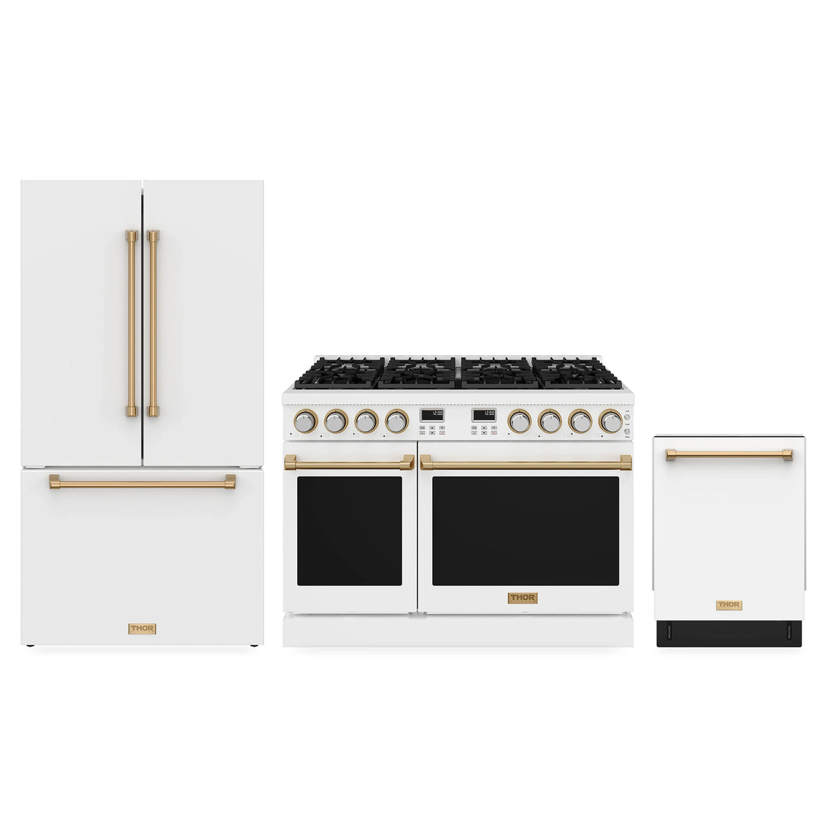 Thor Kitchen 3-Piece Appliance Package - 48-Inch Propane Gas Range, Counter-Depth Refrigerator, & Dishwasher in White with Bronze Trim