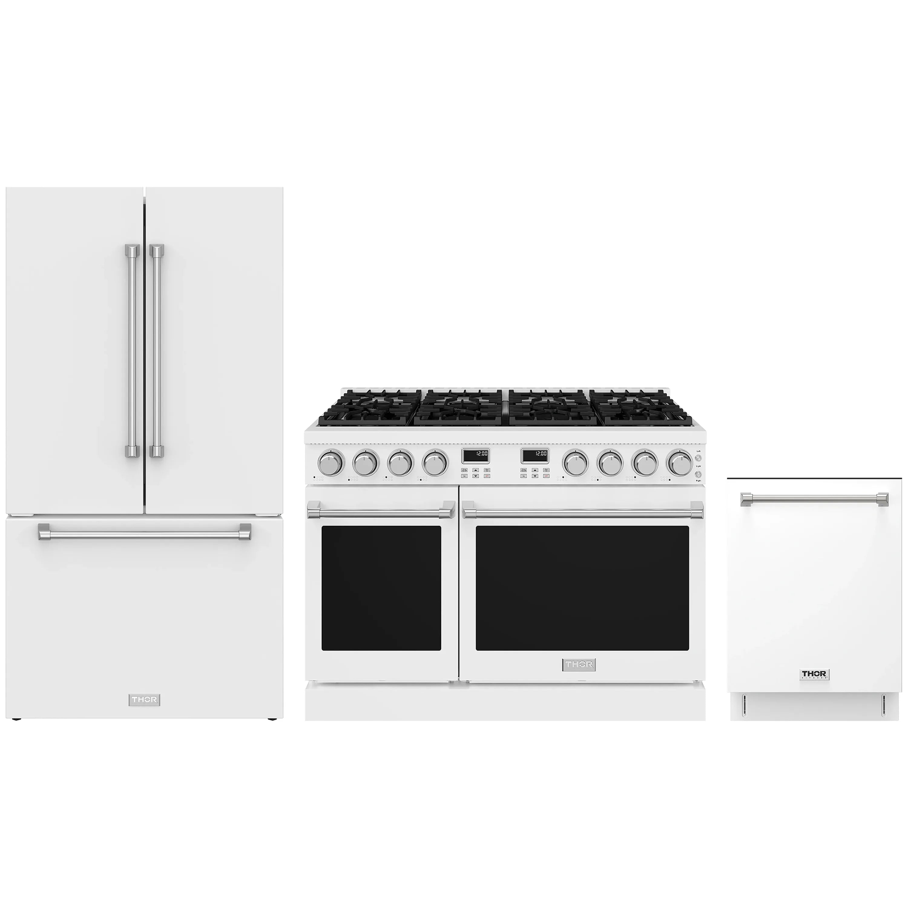 White appliance package with gas range, French door refrigerator, and dishwasher