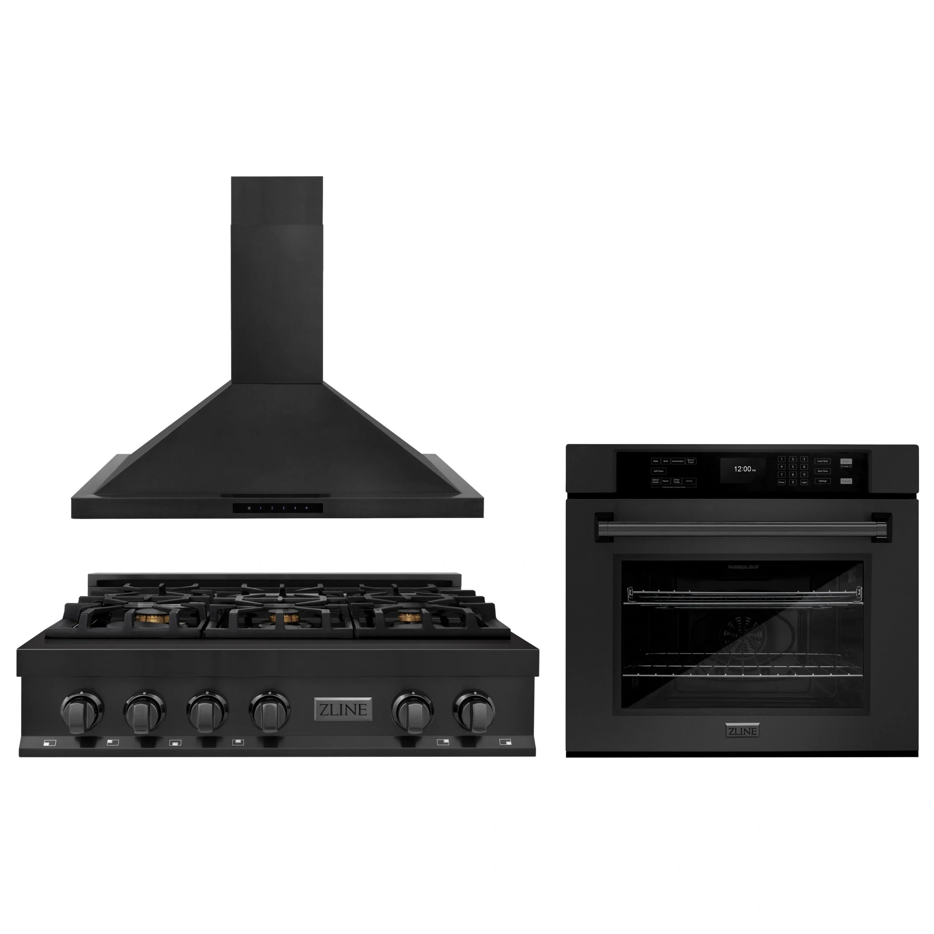 Black range hood, gas rangetop, and wall oven set shown together