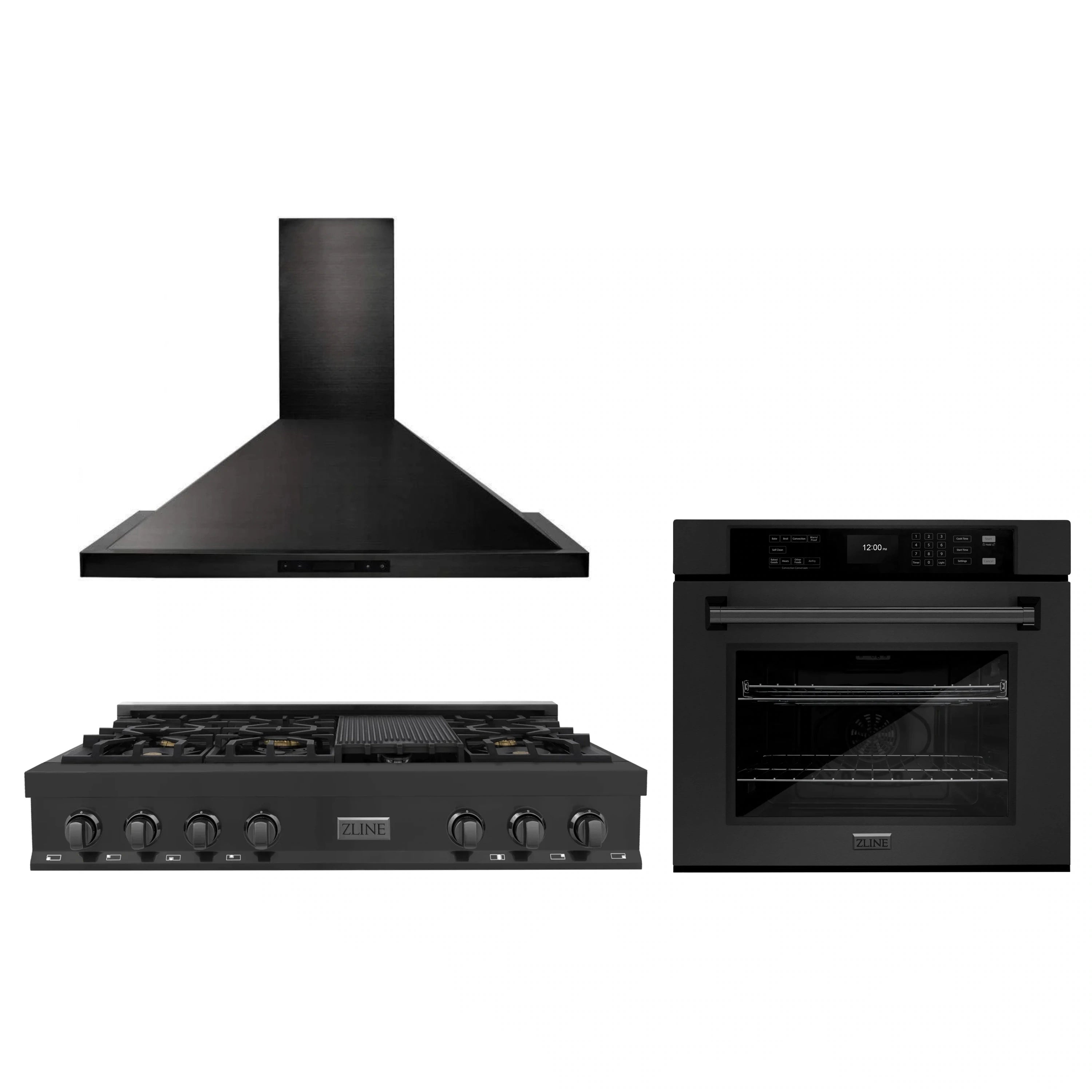ZLINE black stainless range hood, gas cooktop, and wall oven set