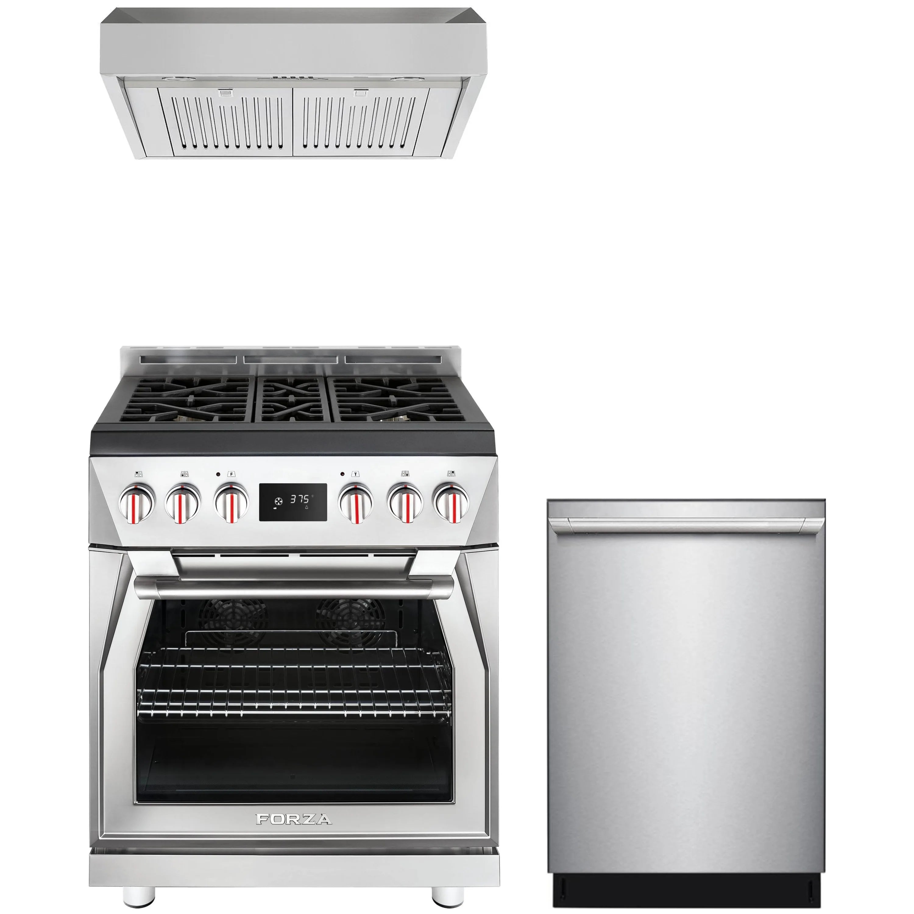 3-piece stainless steel appliance set with pro-style range, open oven, and dishwasher