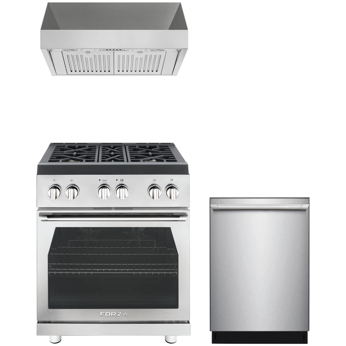 Stainless steel 3-piece appliance set: gas range, hood, and dishwasher
