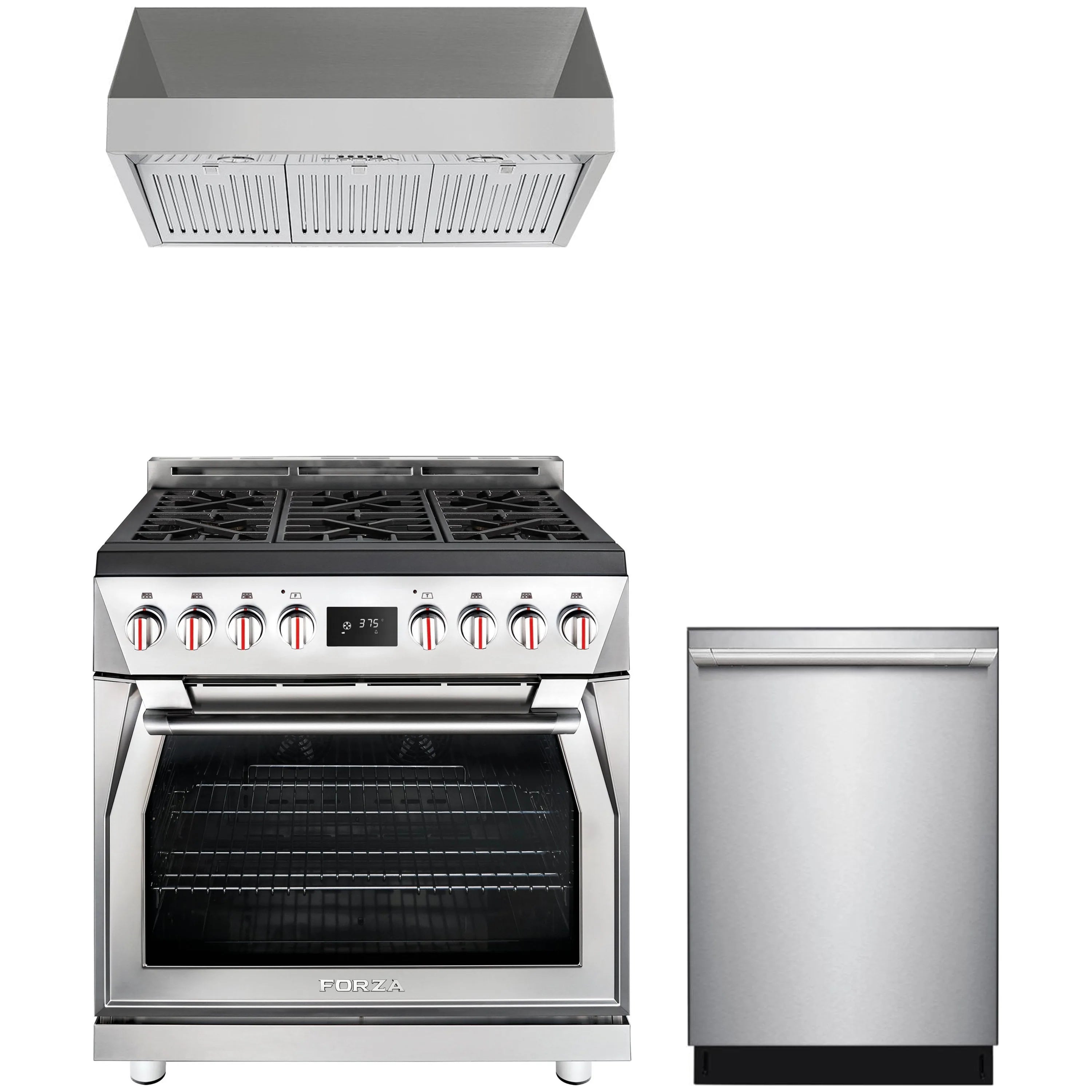 Stainless steel dual fuel range with cooktop knobs, under-cabinet hood, and dishwasher.