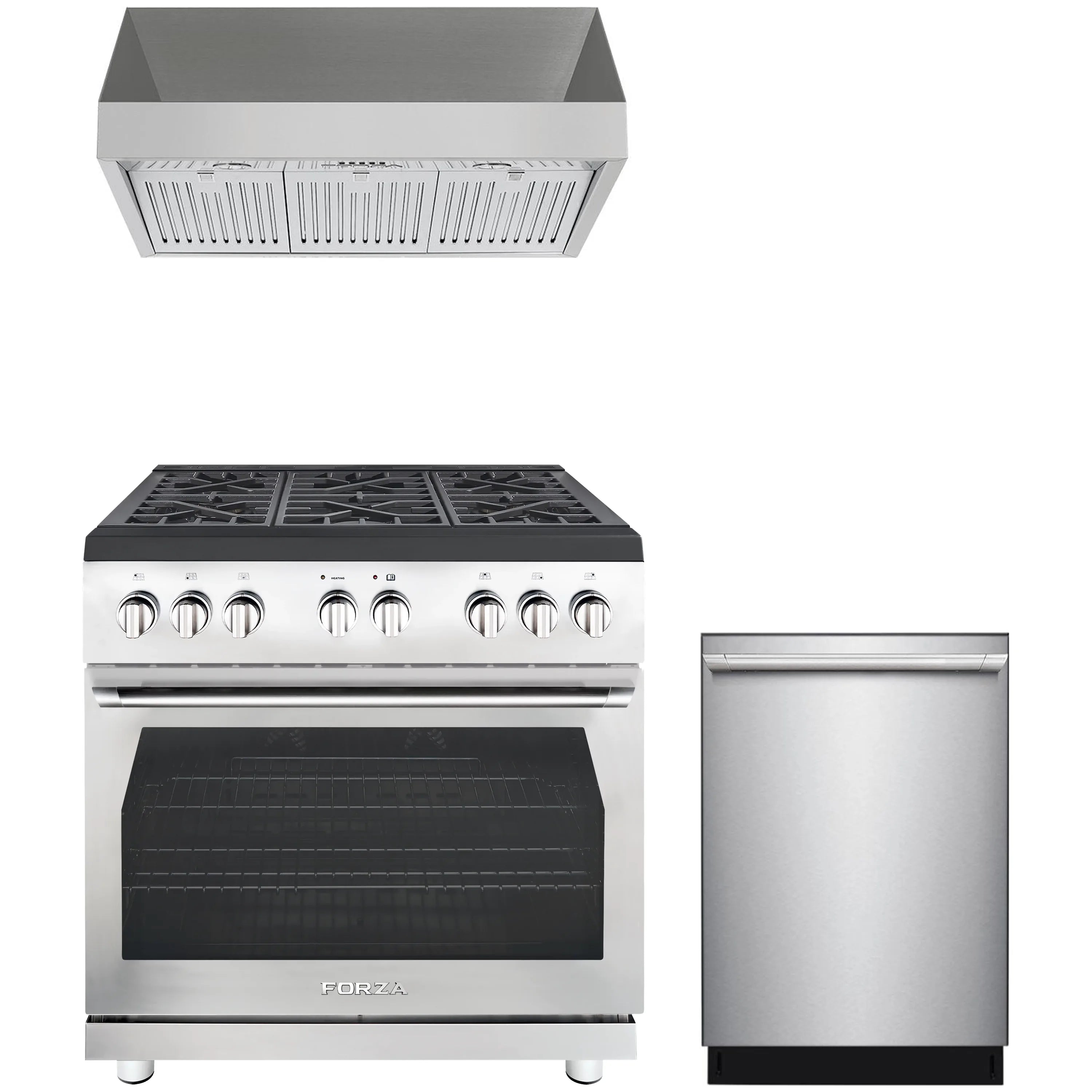 Stainless 3-piece kitchen appliance set: gas range with knobs, under-cabinet hood, dishwasher