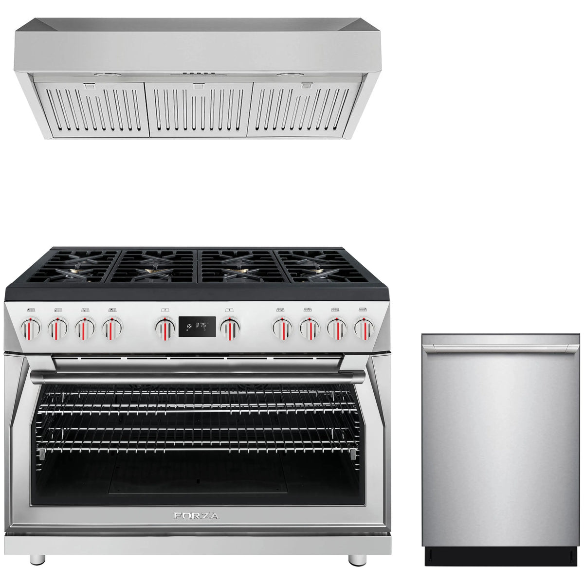 Stainless steel dual fuel range with open oven, under-cabinet hood, and dishwasher