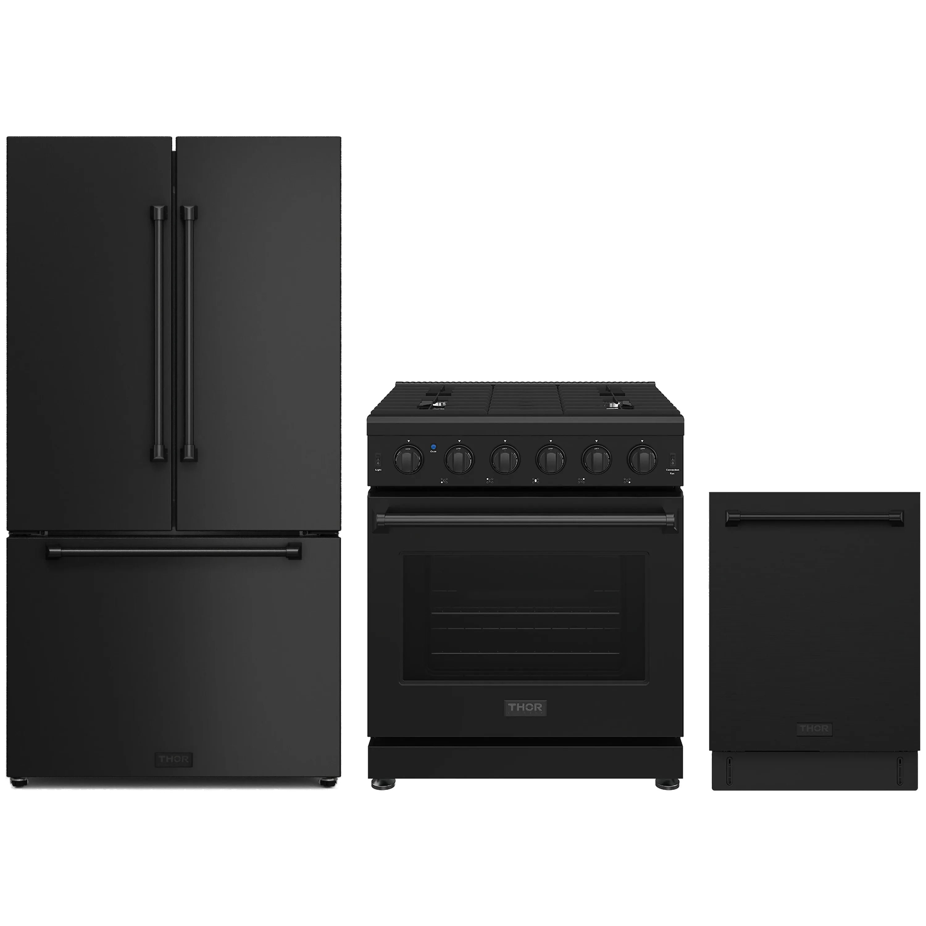 Black 3-piece appliance package: French door refrigerator, gas range, dishwasher