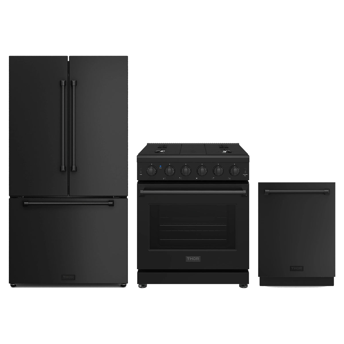 Thor Kitchen 3-Piece Appliance Package - 30-Inch Natural Gas Range, Counter-Depth Refrigerator, & Dishwasher in Black