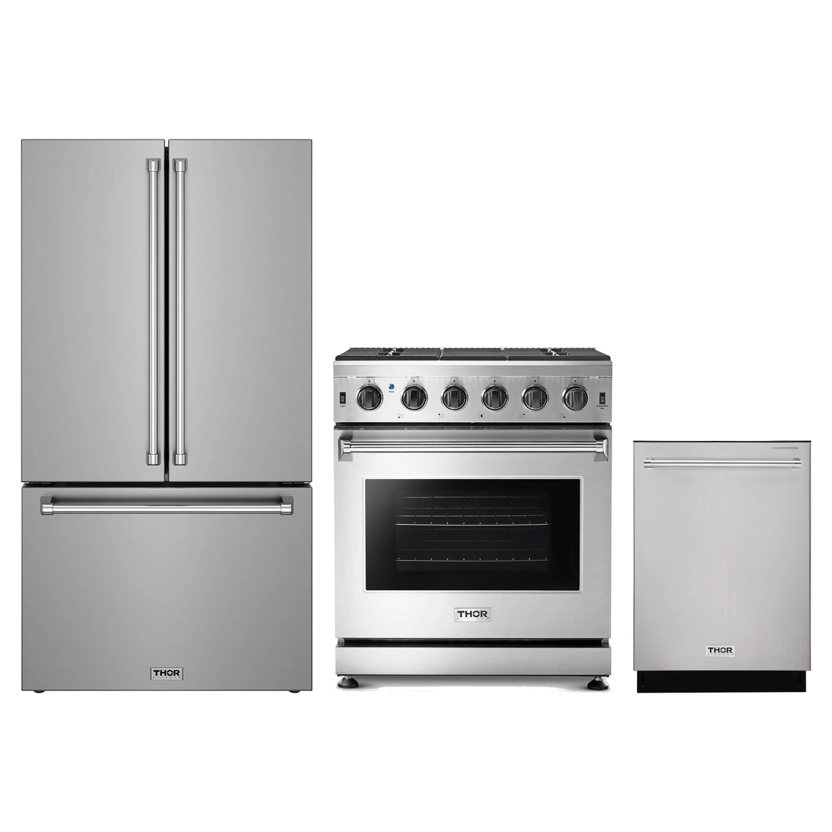 Thor Kitchen 3-Piece Appliance Package - 30-Inch Propane Gas Range, Counter-Depth Refrigerator, & Dishwasher in Stainless Steel